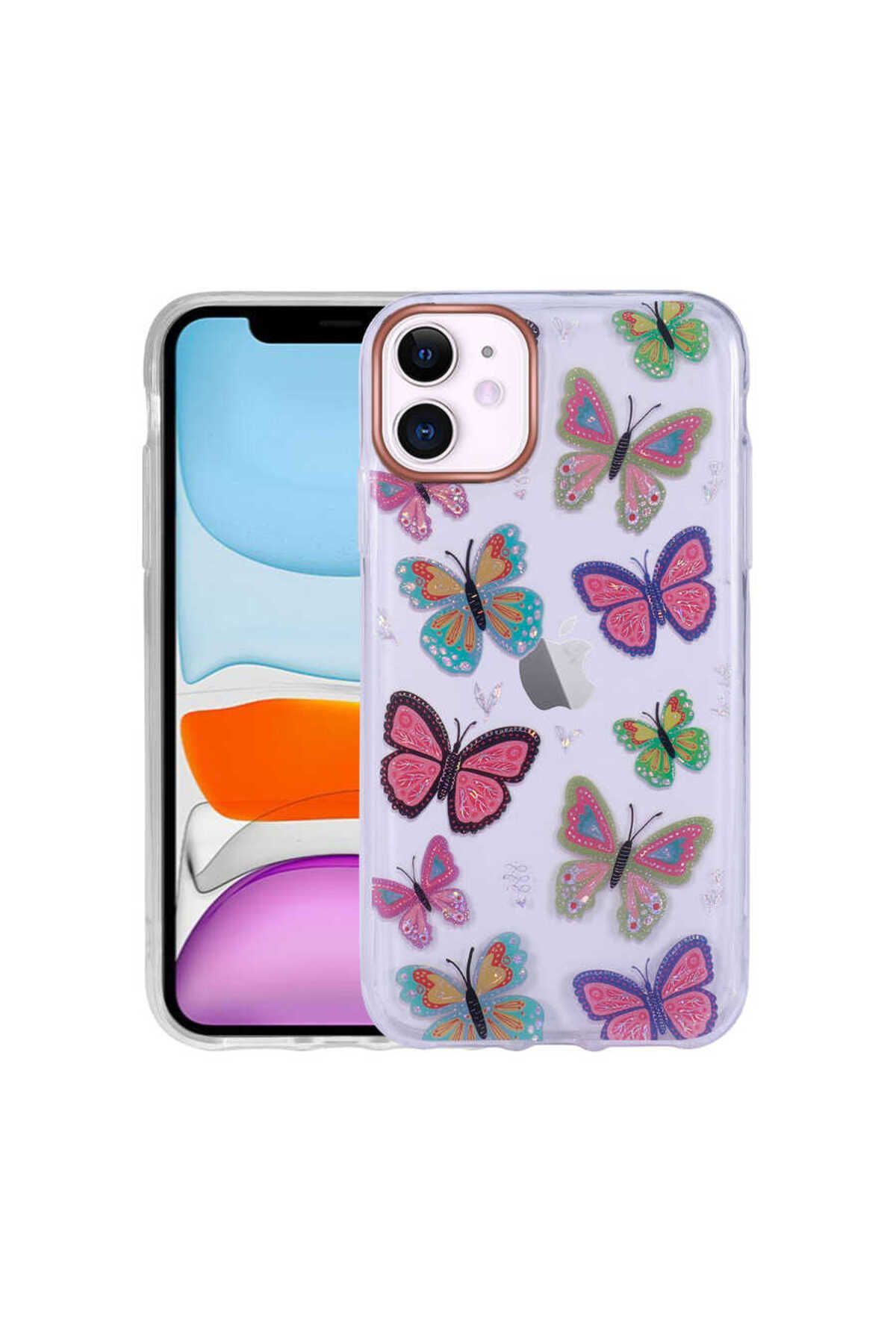 iPhone 11 Uyumlu Desenli Simli Sert Zore İnka Kılıf-NO5