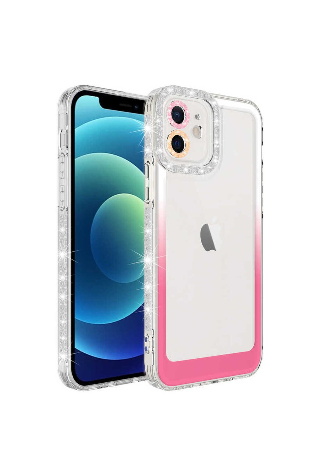 iPhone 11 Uyumlu Simli ve Renk Geçiş Tasarımlı LZore Korumalı Zore Park Kılıf-Beyaz-Pembe