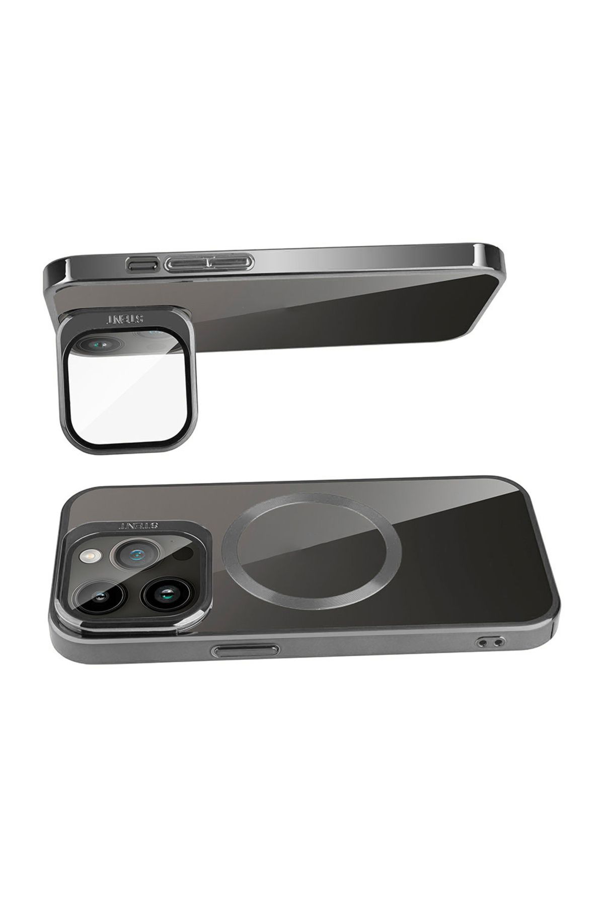 iPhone 15 Pro Uyumlu Magsafe Wireless Şarj Özellikli Standlı Zore Klon Kılıf-Gri