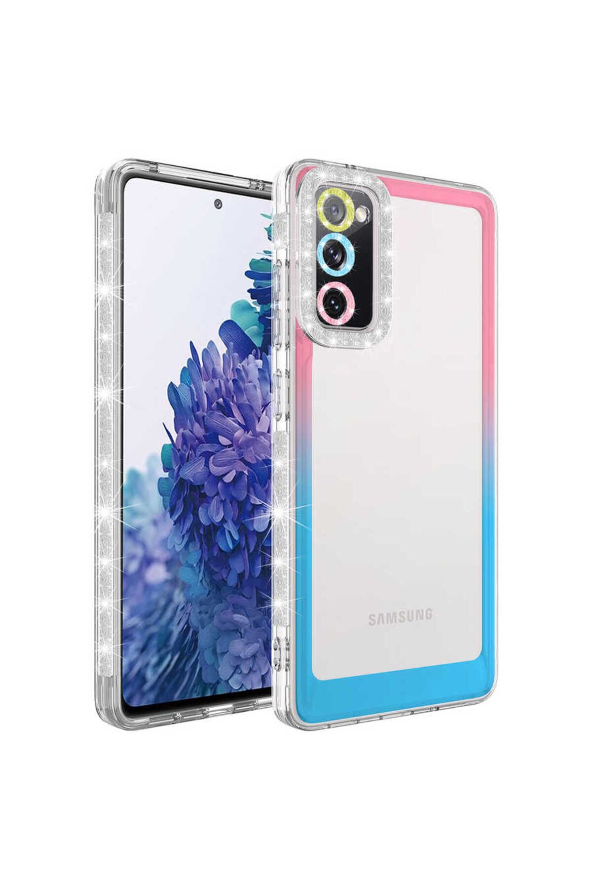Galaxy S20 FE Uyumlu Simli ve Renk Geçiş Tasarımlı LZore Korumalı Zore Park Kılıf-Pembe-Mavi