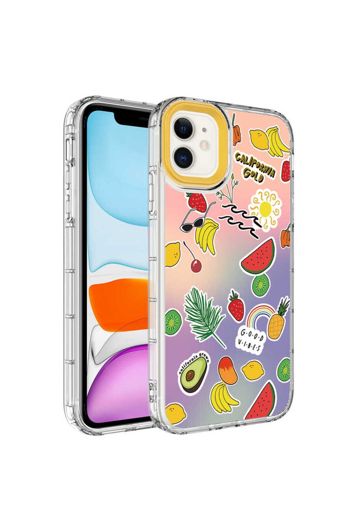 iPhone 11 Uyumlu Kamera Korumalı Renkli Desenli Sert Silikon Zore Korn Kılıf-NO4
