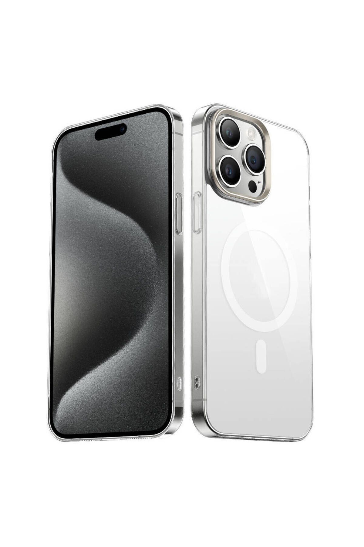 iPhone 15 Pro Uyumlu Zore Wireless Şarj Özellikli Şeffaf G-Glass Kılıf-Titanyum
