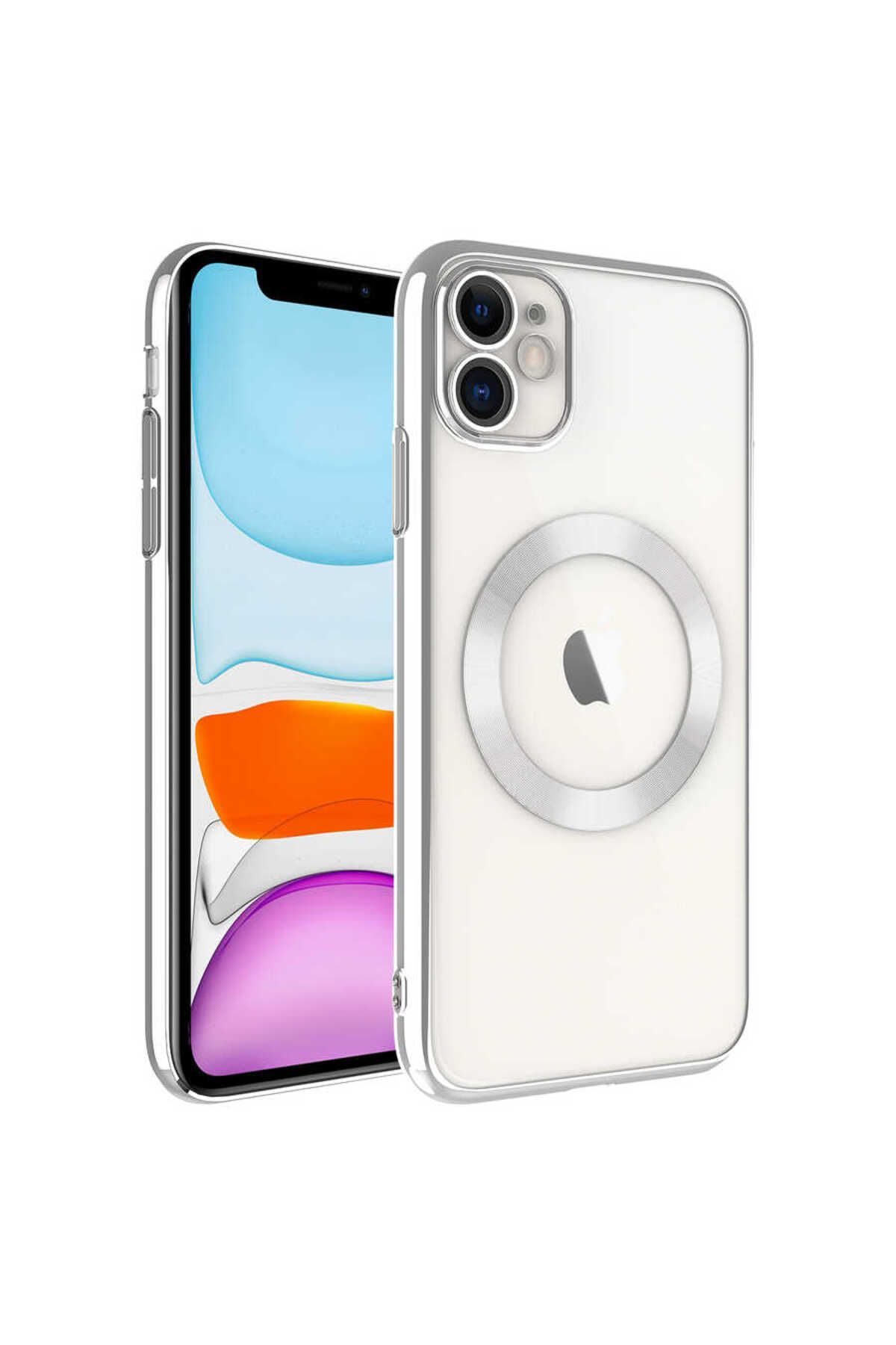 iPhone 11 Uyumlu Wireless Şarj Özellikli Sert PC Zore Riksos Magsafe Kılıf-Gümüş