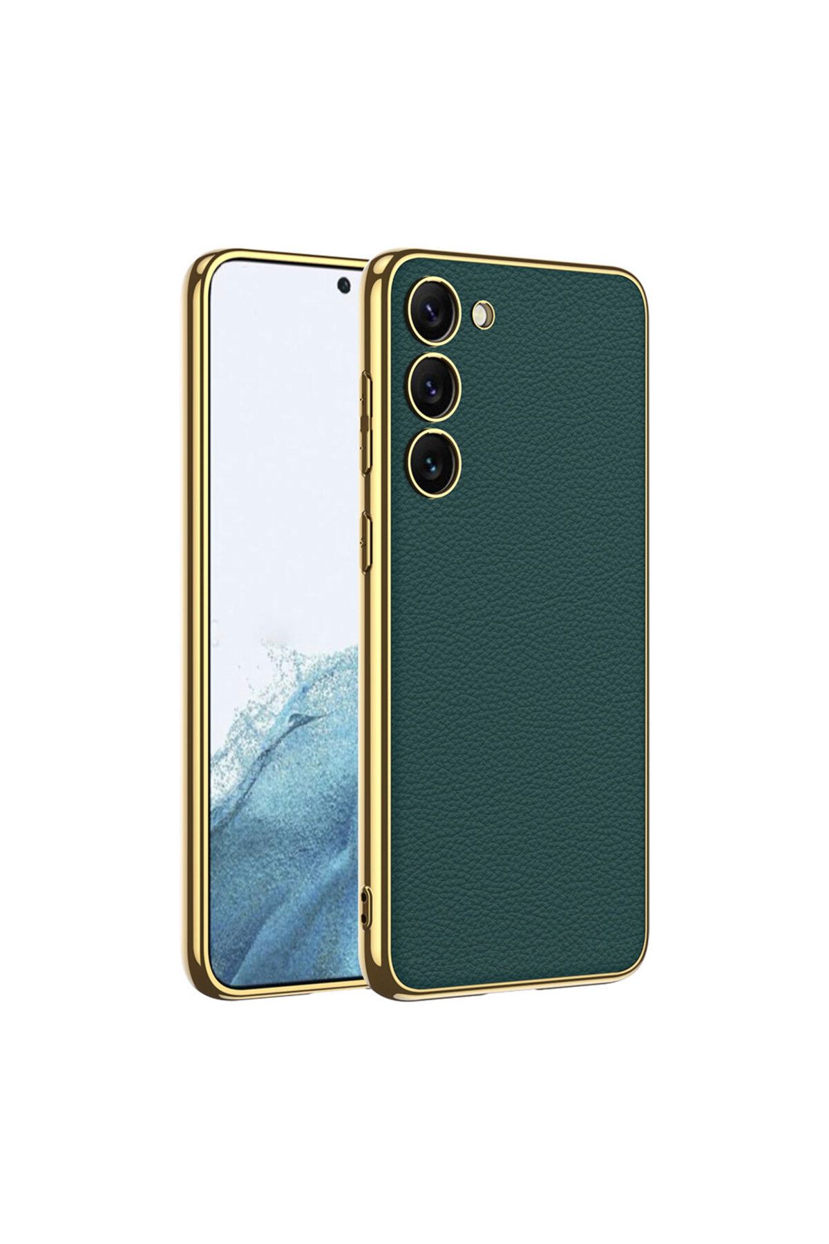 Galaxy S23 Uyumlu Deri Görünümlü Kenarları Elektroplating Kaplama Zore Fizyon Kılıf-Koyu Yeş