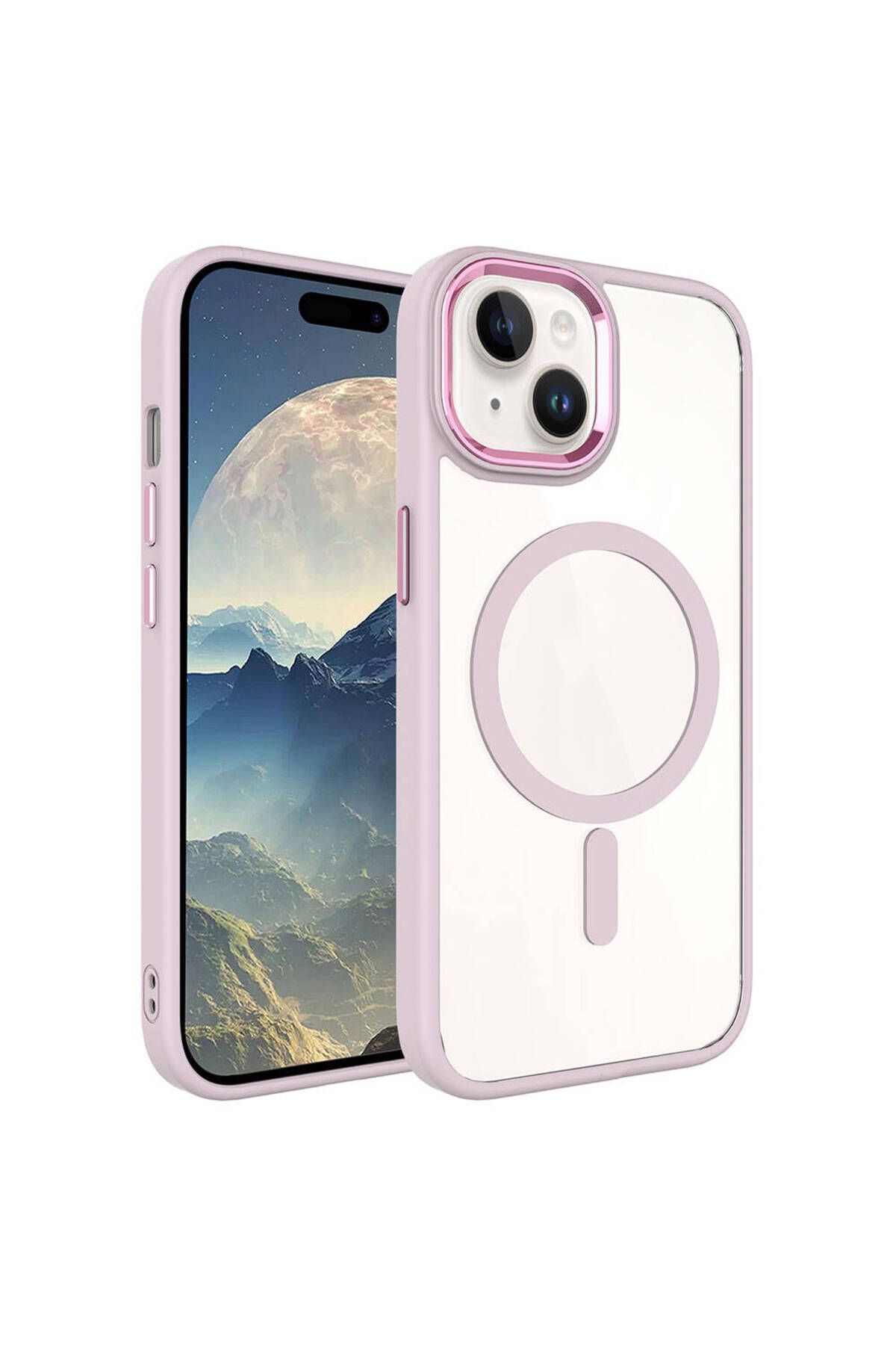 iPhone 15 Uyumlu Wireless Şarj Özellikli Zore Krom Magsafe Silikon Kılıf-Pembe Açık