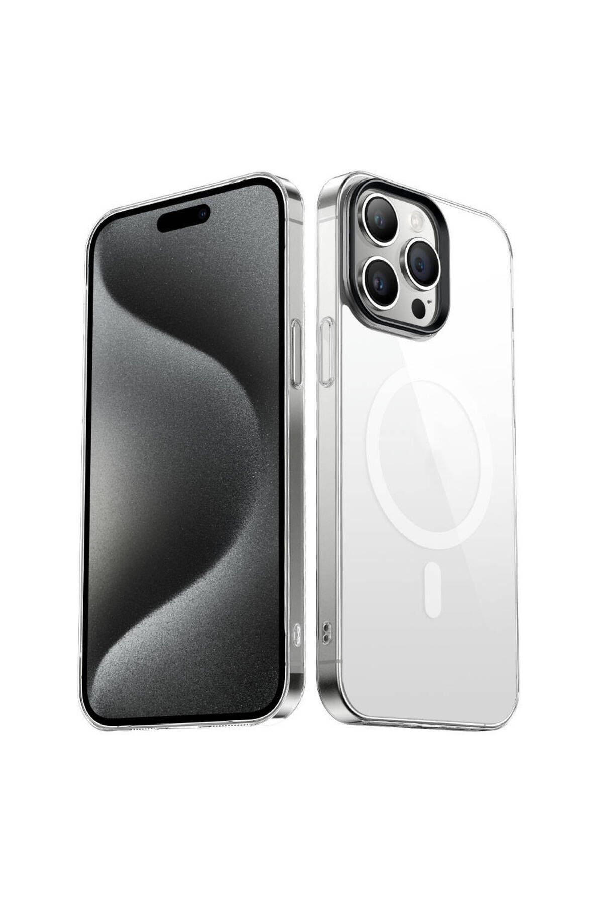 iPhone 15 Pro Uyumlu Zore Wireless Şarj Özellikli Şeffaf G-Glass Kılıf-Siyah