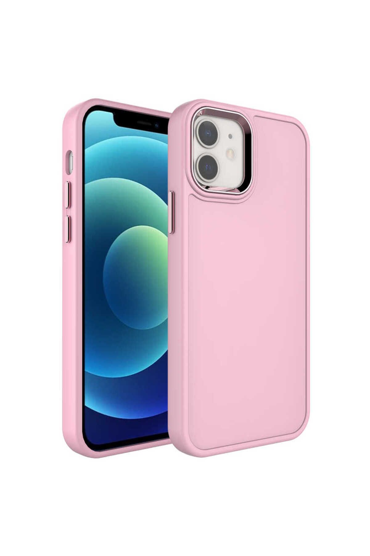 iPhone 11 Uyumlu Metal Çerçeve ve Buton Tasarımlı Sert Zore Botox Kılıf-Pembe Açık
