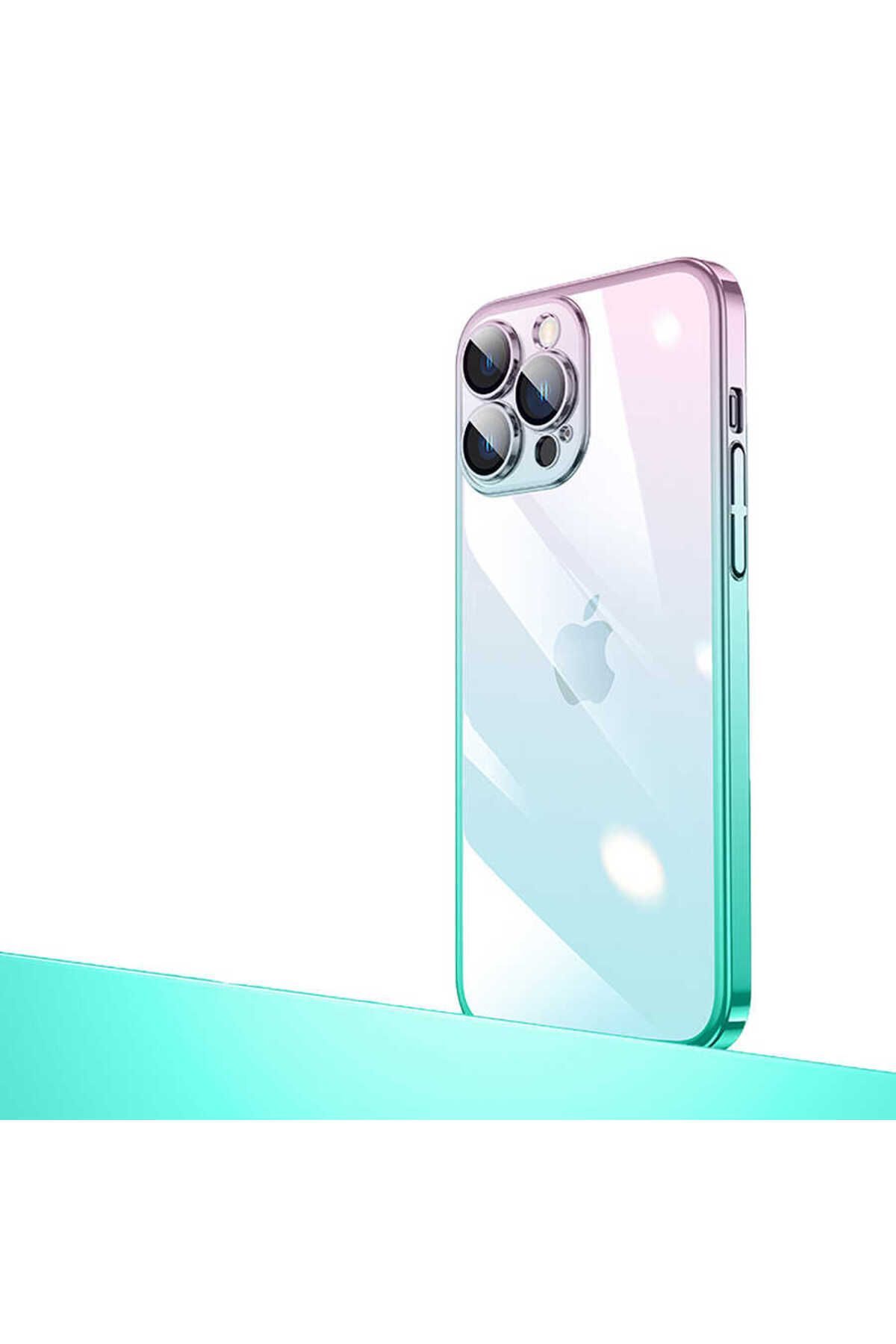 iPhone 12 Pro Max Uyumlu Parlak Renk Geçişli Kamera Korumalı Zore Senkron Kılıf-Pembe-Mavi