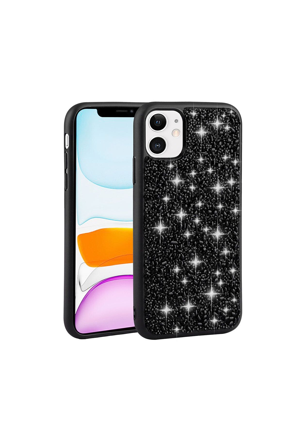 iPhone 11 Uyumlu Parlak Taşlı Tasarım Zore Linea Kılıf-Siyah