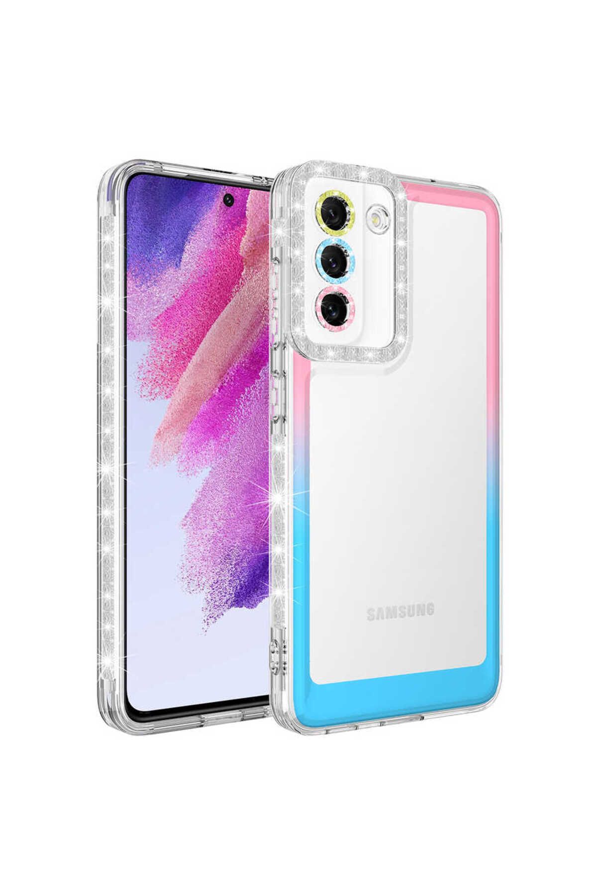 Galaxy S21 FE Uyumlu Simli ve Renk Geçiş Tasarımlı LZore Korumalı Zore Park Kılıf-Pembe-Mavi