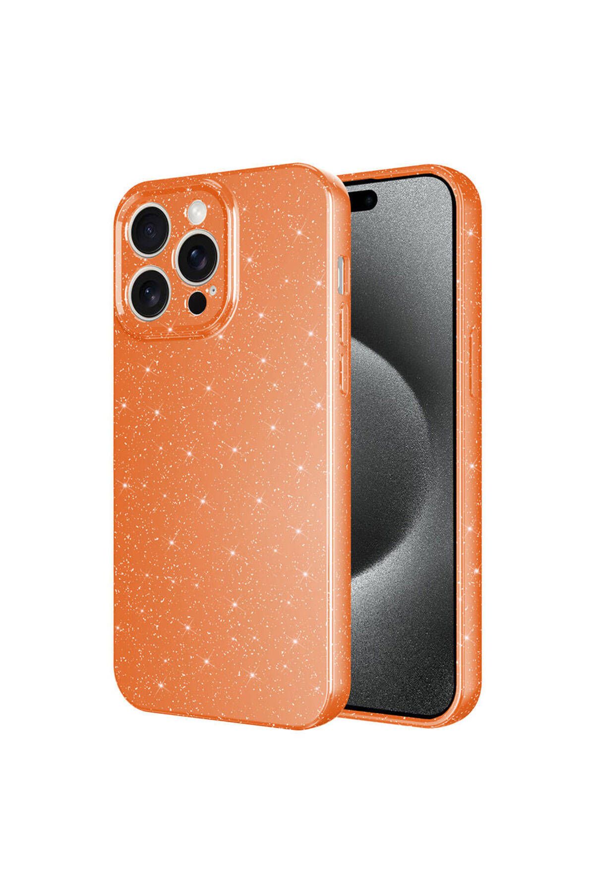 iPhone 15 Pro Uyumlu Kamera Korumalı Simli Lüks Zore Koton Kılıf-Turuncu
