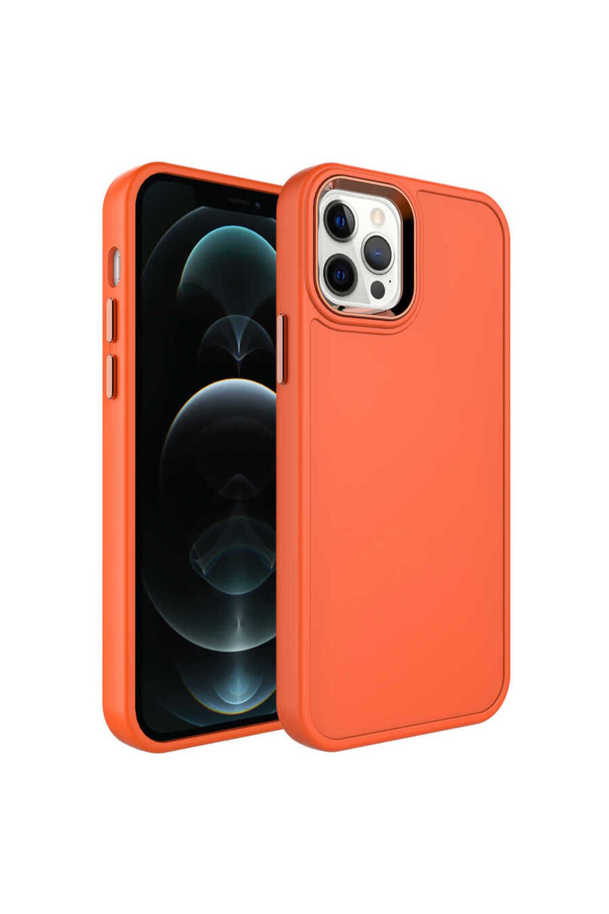 iPhone 12 Pro Max Uyumlu Metal Çerçeve ve Buton Tasarımlı Sert Zore Botox Kılıf-Turuncu