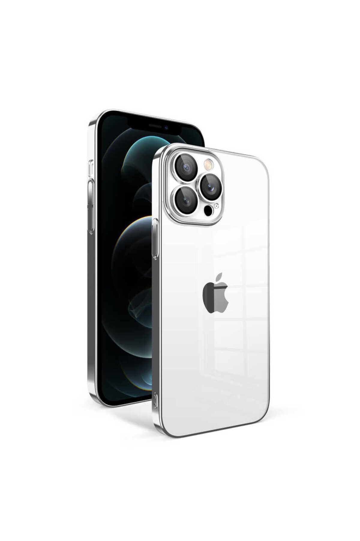 iPhone 12 Pro Max Uyumlu Kamera Korumalı Renkli Çerçeveli Zore Garaj Kılıf-Gümüş