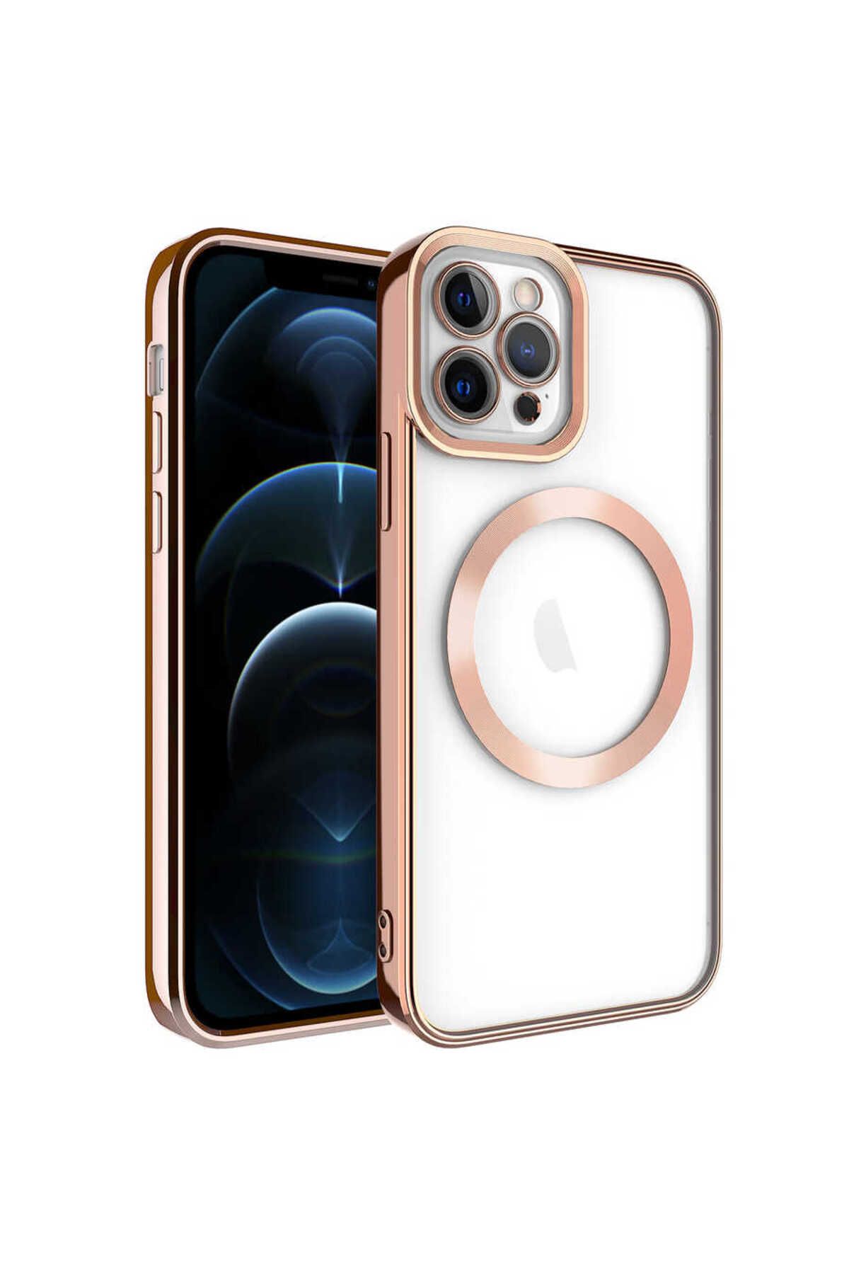 iPhone 11 Pro Max Uyumlu Magsafe Wireless Şarj Özellikli Zore Setro Silikon-Rose Gold