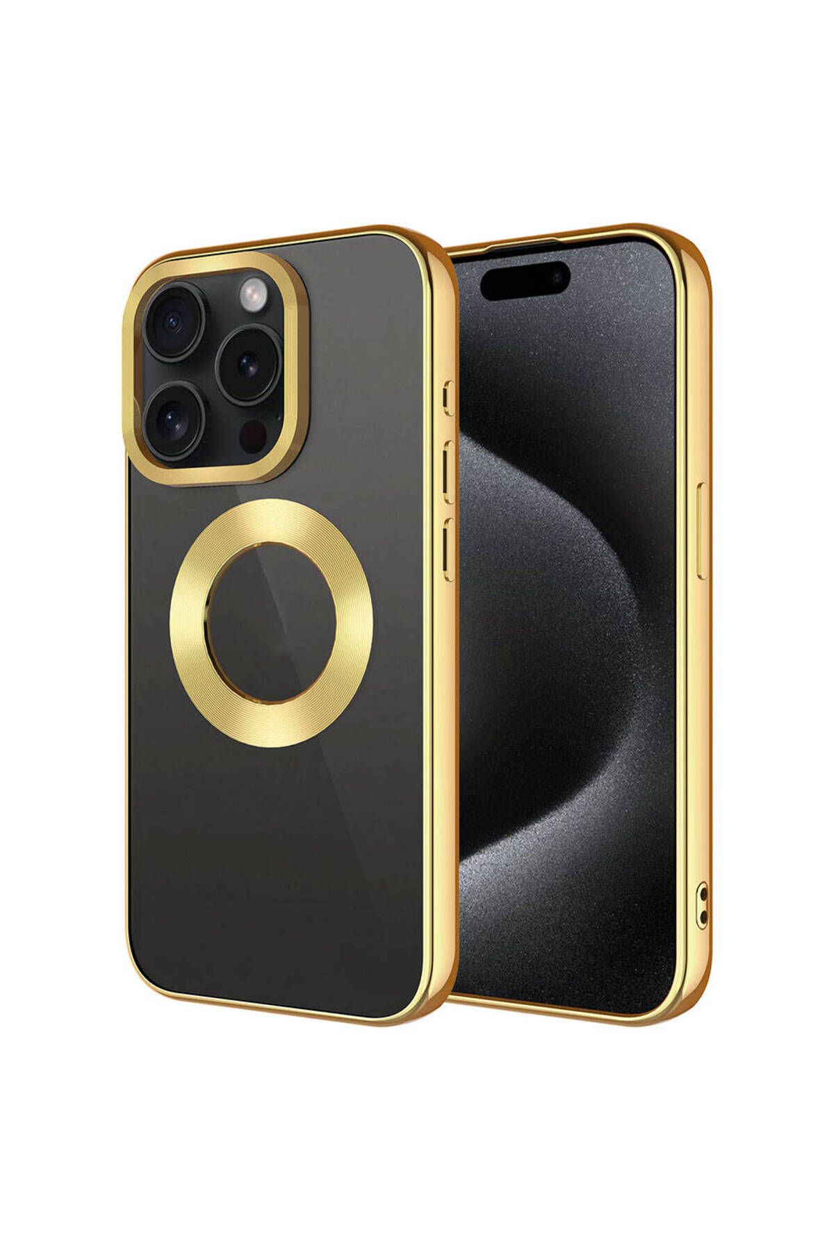 iPhone 15 Pro Uyumlu Tek Kamera Çerçeveli Logo Gösteren Zore Omega Kılıf-Gold