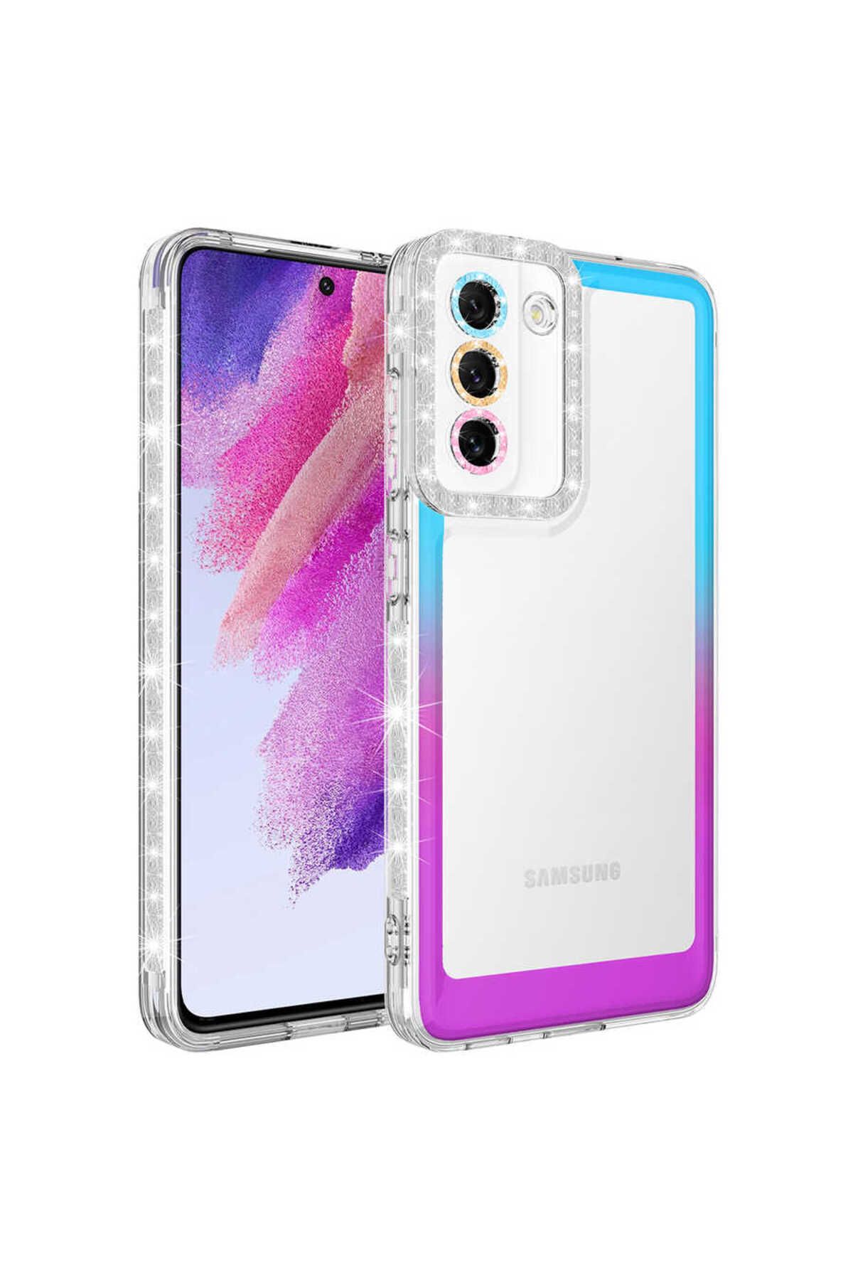 Galaxy S21 FE Uyumlu Simli ve Renk Geçiş Tasarımlı LZore Korumalı Zore Park Kılıf-Mavi-Mor