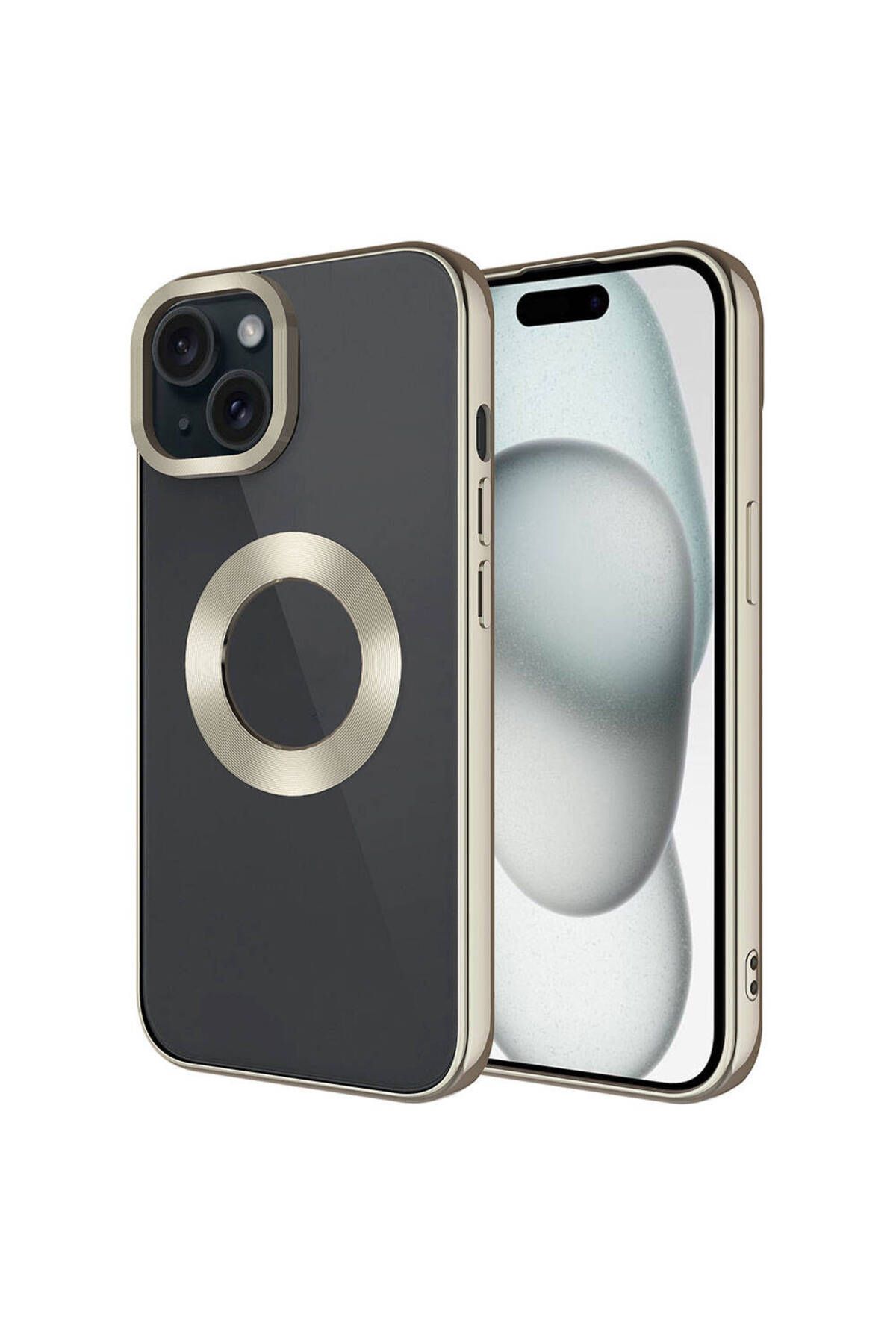 iPhone 15 Uyumlu Tek Kamera Çerçeveli Logo Gösteren Zore Omega Kılıf-Titanyum