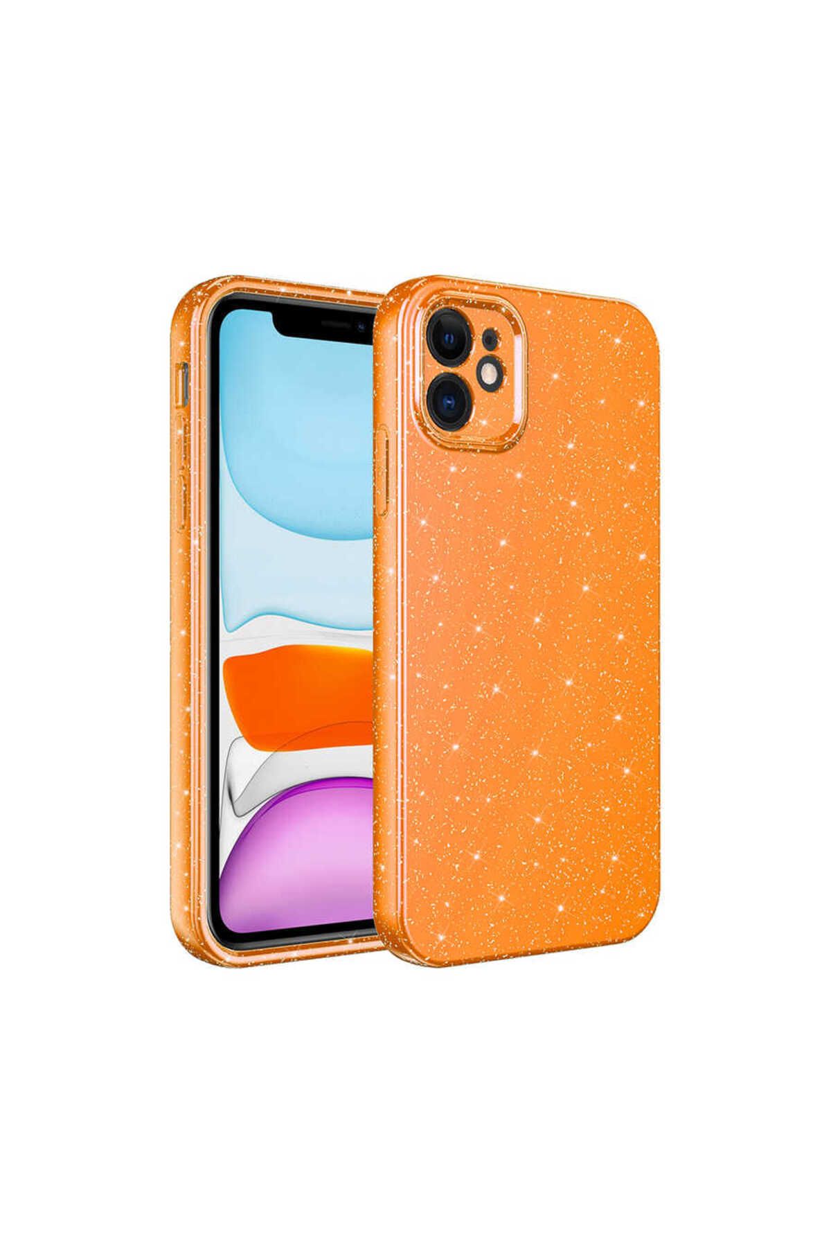 iPhone 11 Uyumlu Kamera Korumalı Simli Lüks Zore Koton Kılıf-Turuncu