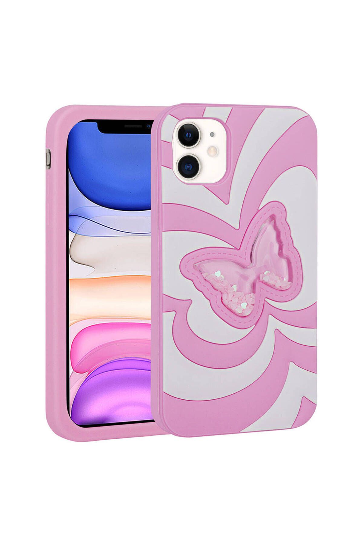 iPhone 11 Uyumlu Sıvılı Simli Kelebekli Tasarım Zore Vodena Kılıf-Pembe