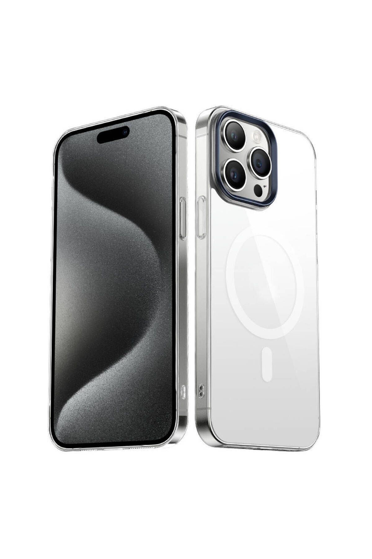 iPhone 15 Pro Uyumlu Zore Wireless Şarj Özellikli Şeffaf G-Glass Kılıf-Lacivert