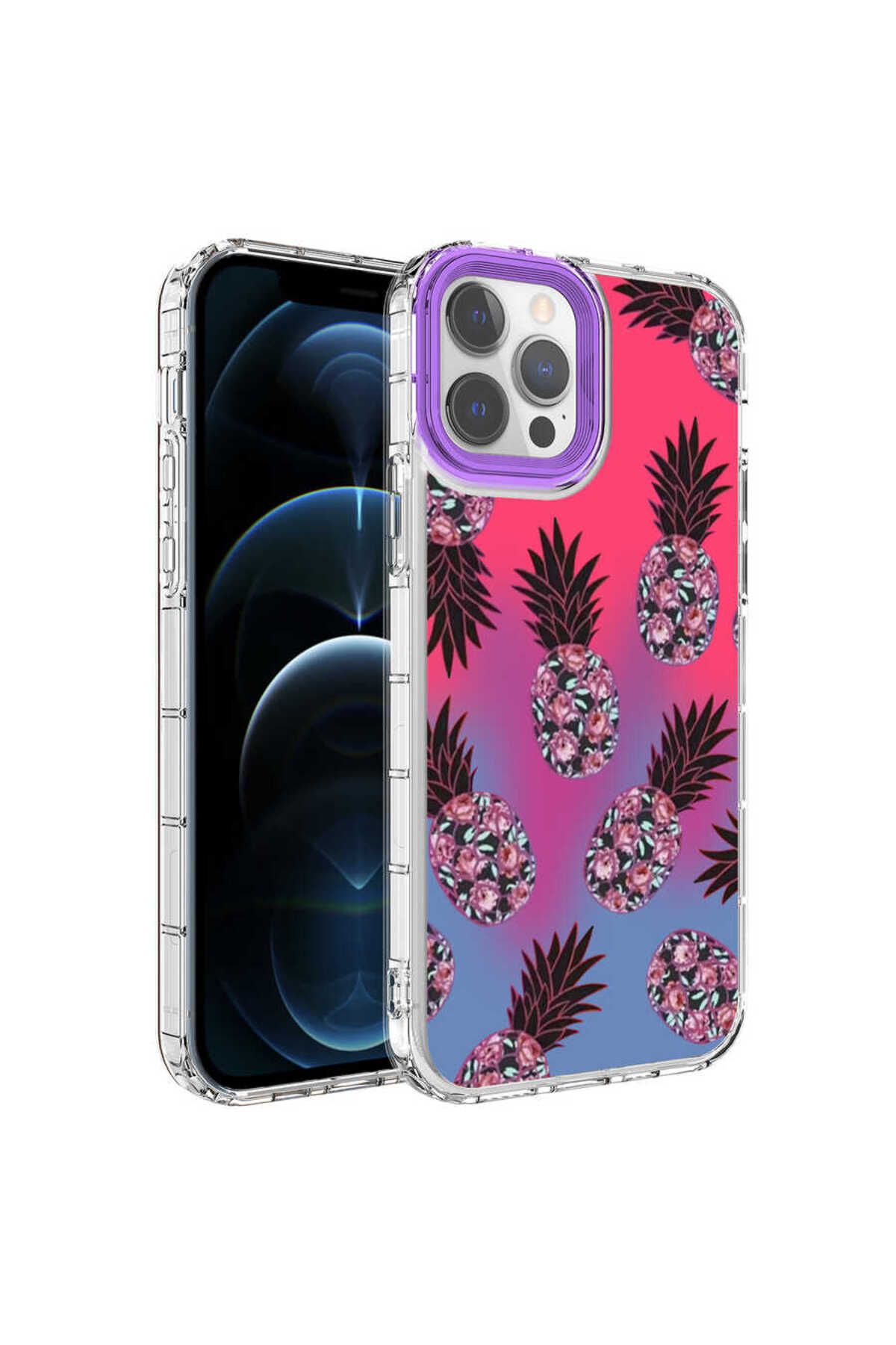 iPhone 12 Pro Max Uyumlu Kamera Korumalı Renkli Desenli Sert Silikon Zore Korn Kılıf-NO6