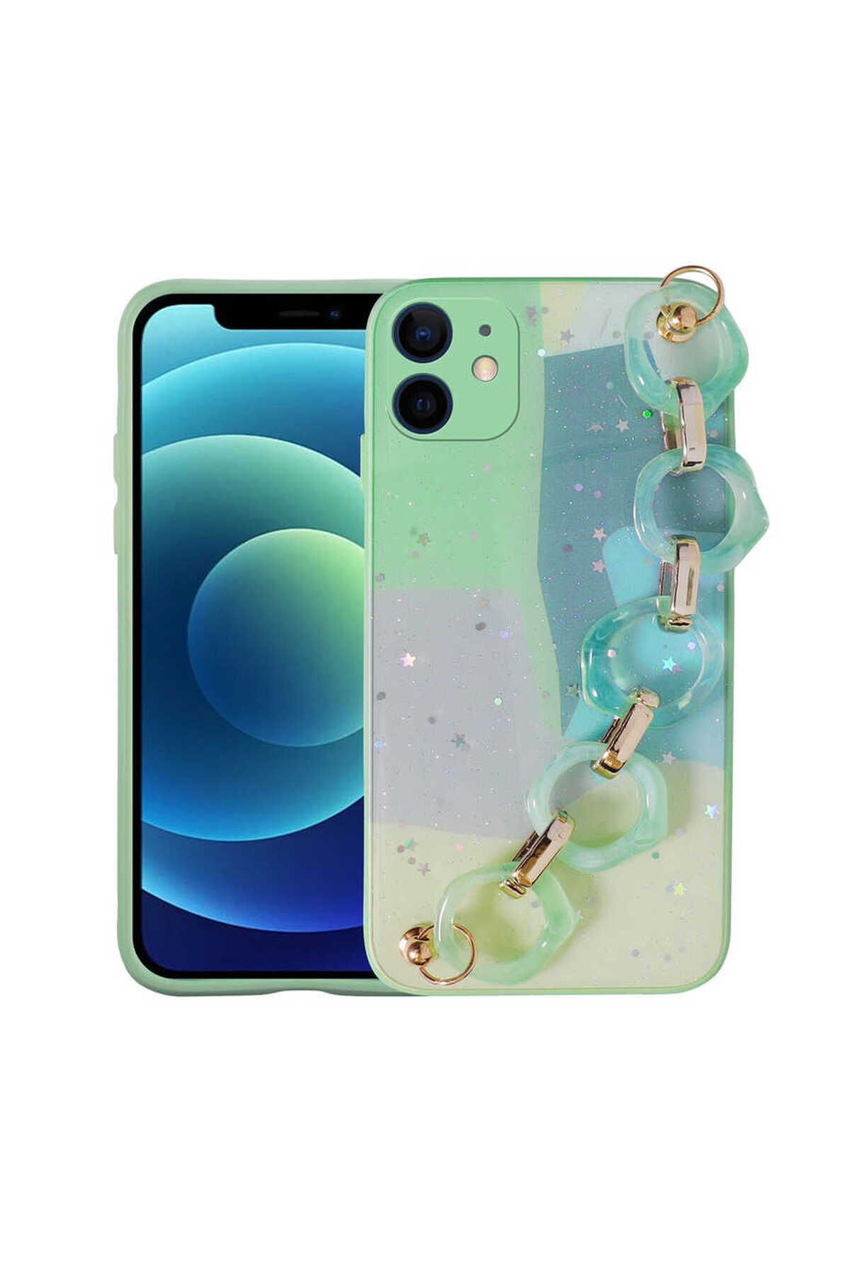 iPhone 11 Uyumlu Simli Desenli El Askılı Tutacaklı Zore Elsa Silikon Kılıf-Yeşil