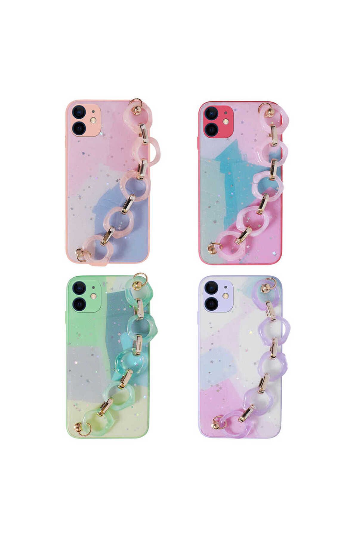 iPhone 11 Uyumlu Simli Desenli El Askılı Tutacaklı Zore Elsa Silikon Kılıf-Yeşil