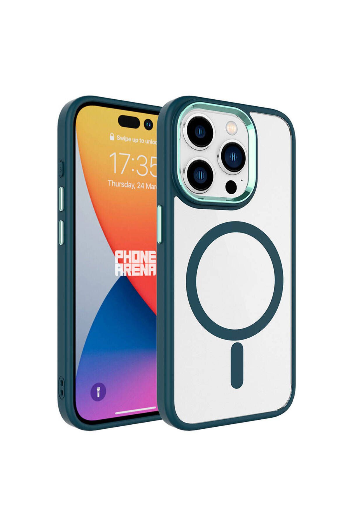 iPhone 15 Pro Uyumlu Wireless Şarj Özellikli Zore Krom Magsafe Silikon Kılıf-Koyu Yeşil