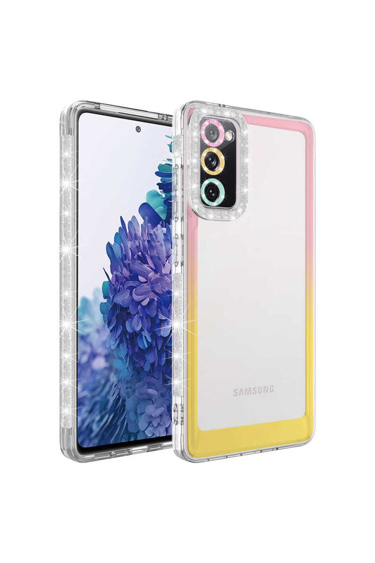 Galaxy S20 FE Uyumlu Simli ve Renk Geçiş Tasarımlı LZore Korumalı Zore Park Kılıf-Pembe-Sarı