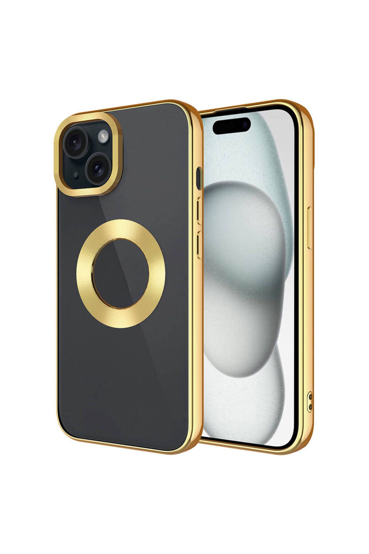 iPhone 15 Uyumlu Tek Kamera Çerçeveli Logo Gösteren Zore Omega Kılıf-Gold