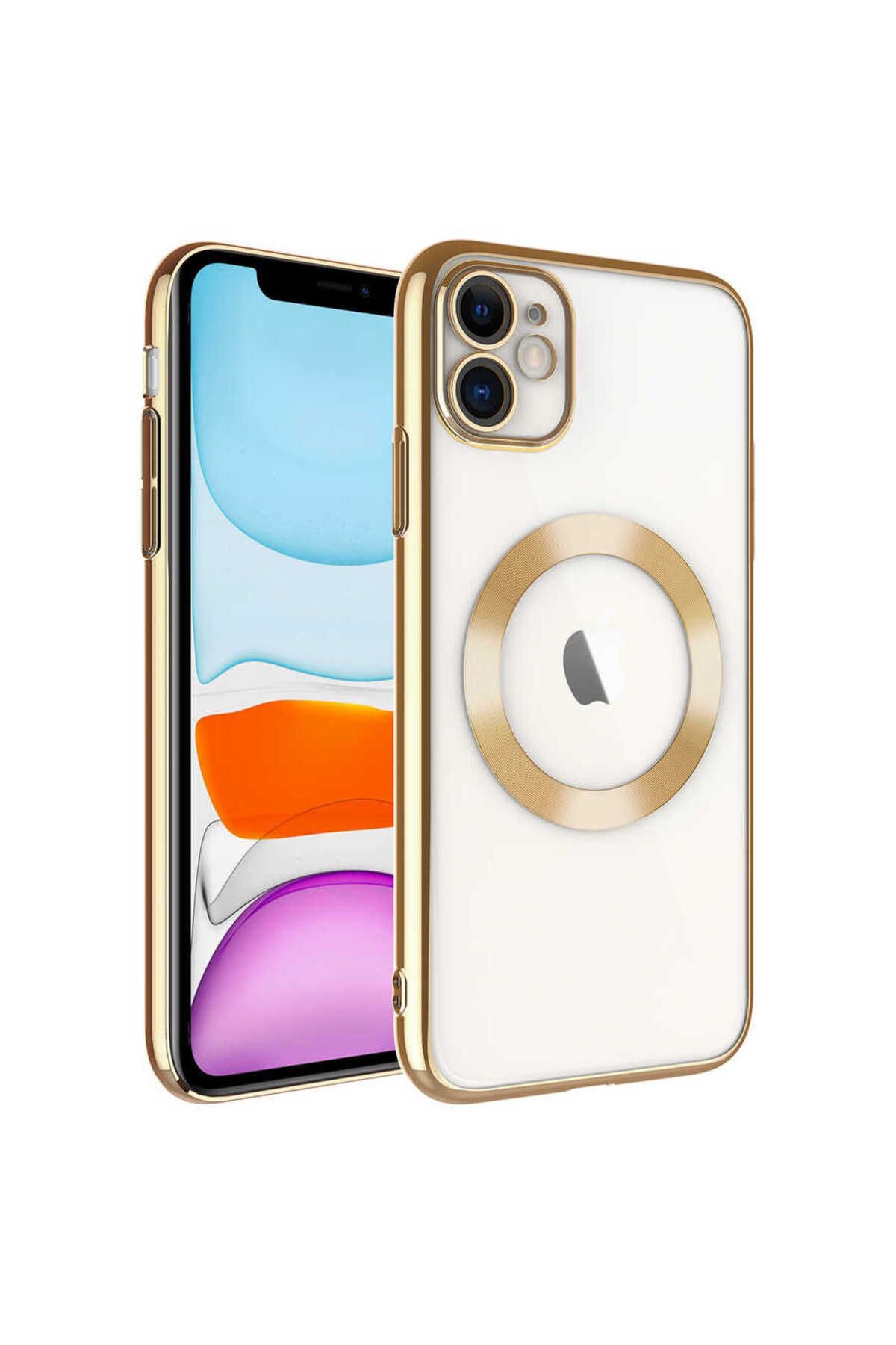 iPhone 11 Uyumlu Wireless Şarj Özellikli Sert PC Zore Riksos Magsafe Kılıf-Gold