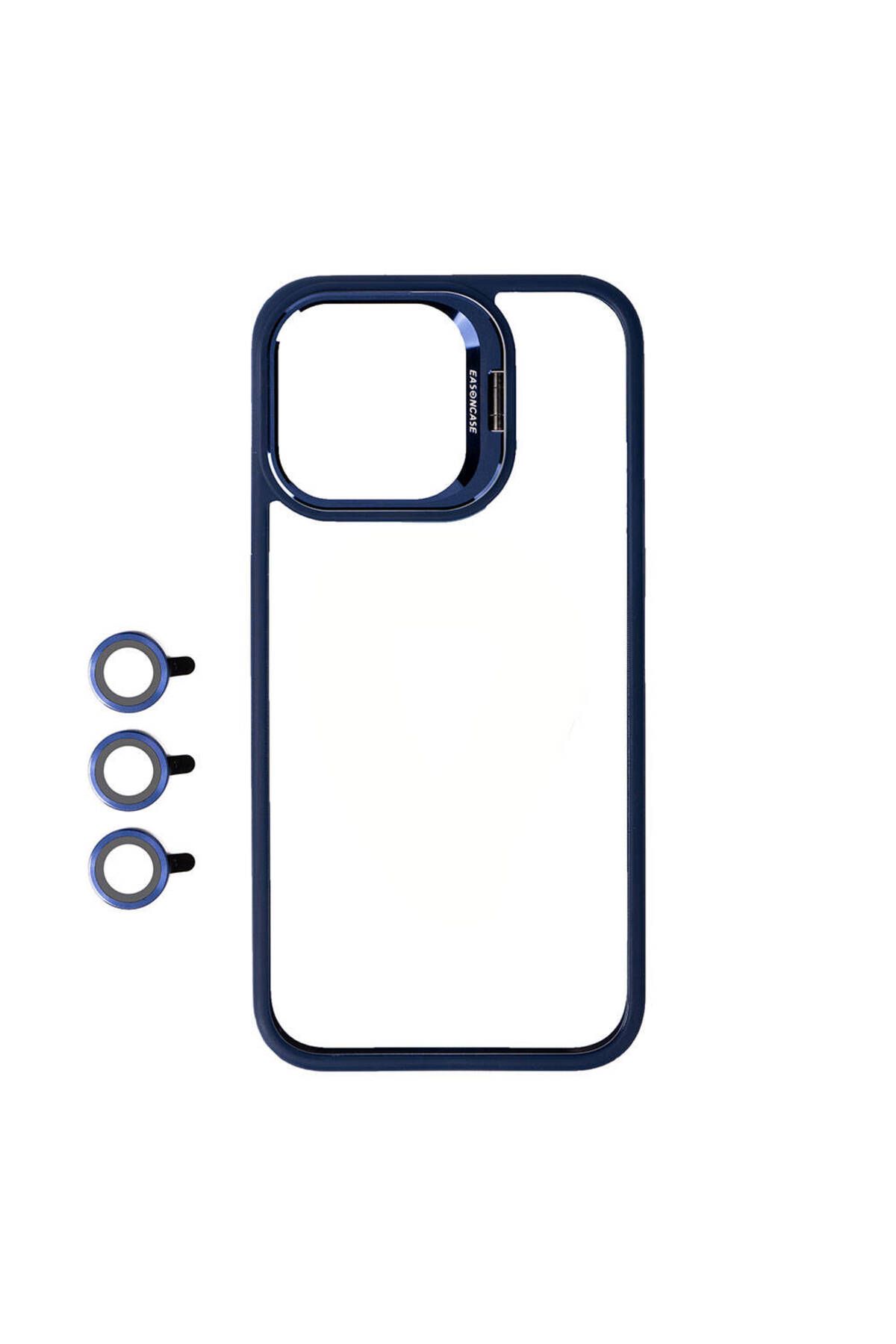 iPhone 15 Pro Uyumlu Kamera LZore Korumalı Standlı Zore Klon LCSMX-li Kılıf-Lacivert