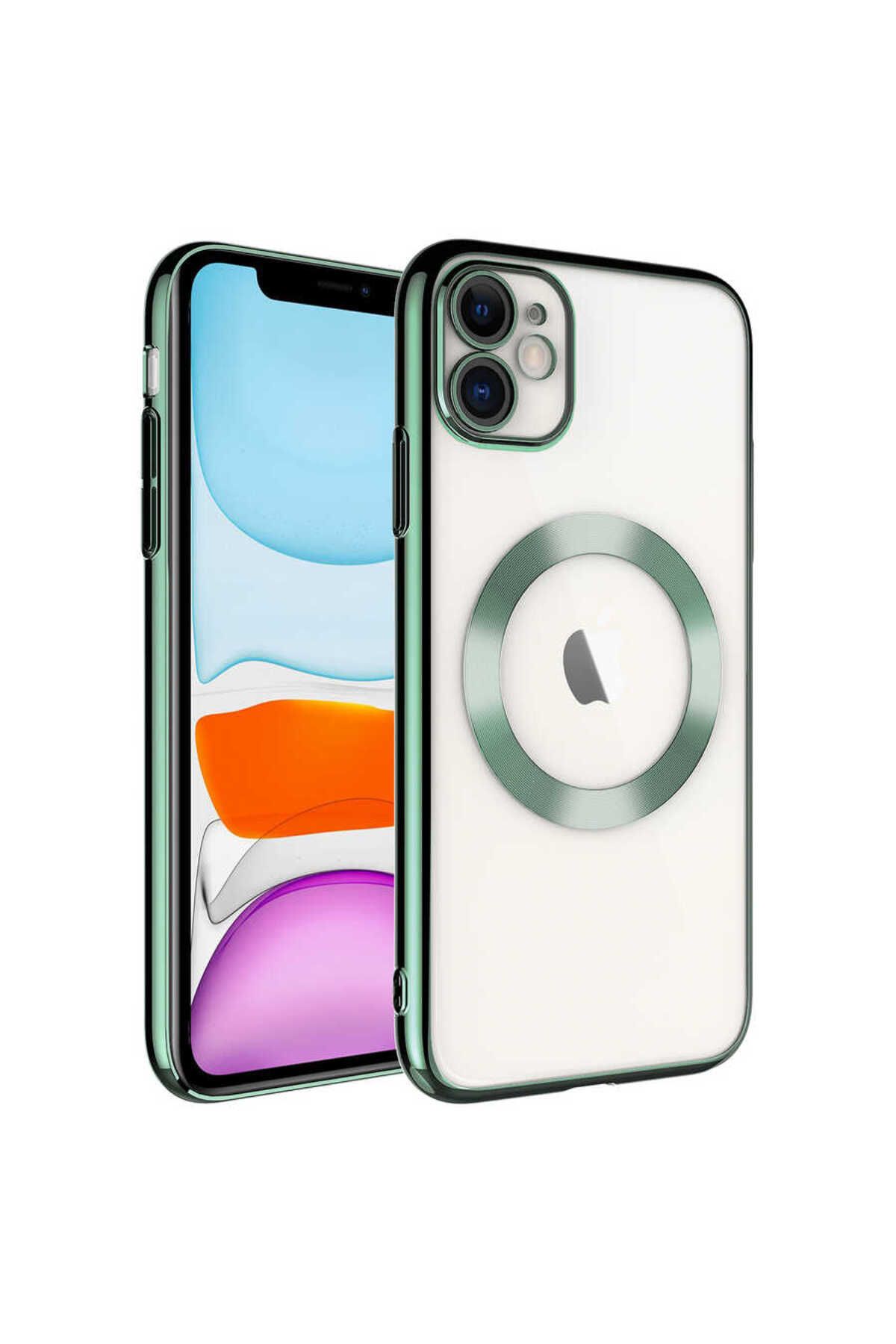 iPhone 11 Uyumlu Wireless Şarj Özellikli Sert PC Zore Riksos Magsafe Kılıf-Koyu Yeşil
