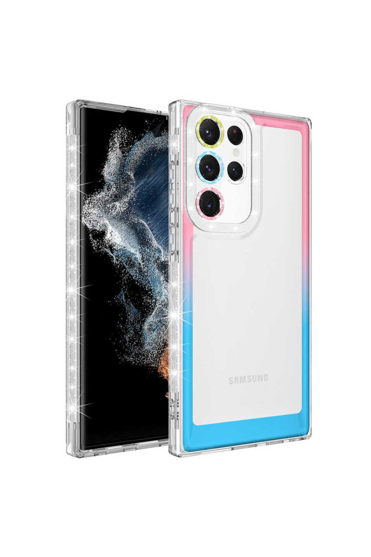 Galaxy S22 Ultra Uyumlu Simli ve Renk Geçiş Tasarımlı LZore Korumalı Zore Park Kılıf-Pembe-Ma