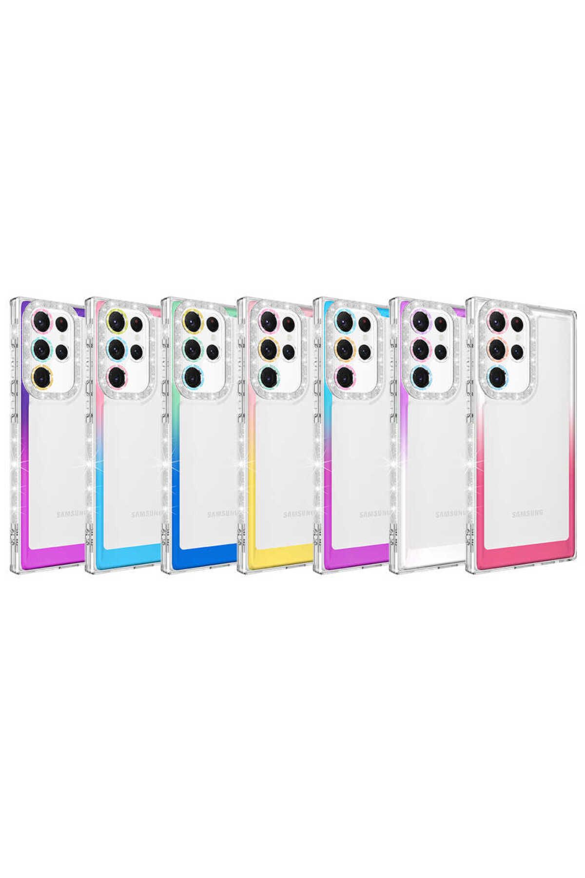 Galaxy S22 Ultra Uyumlu Simli ve Renk Geçiş Tasarımlı LZore Korumalı Zore Park Kılıf-Pembe-Ma