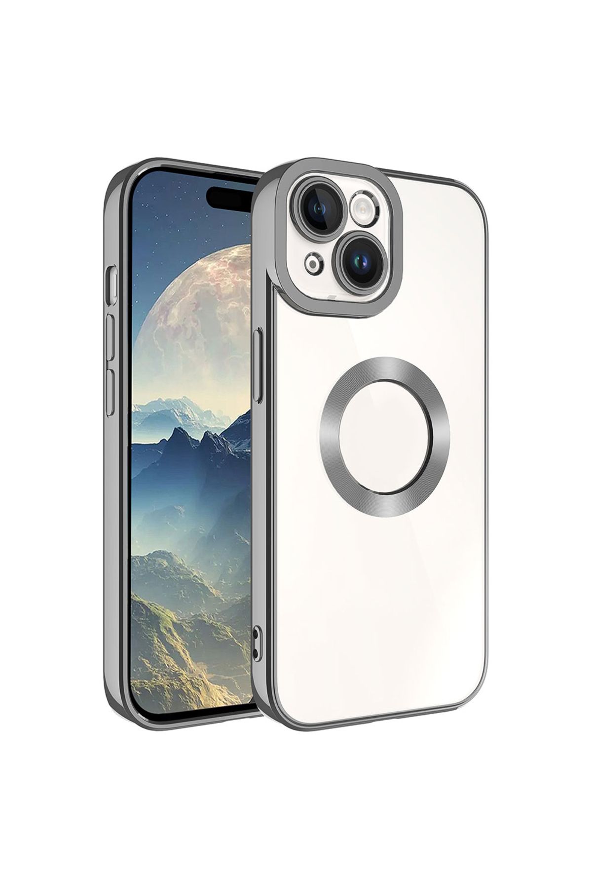 iPhone 15 Uyumlu Kamera Korumalı Logo Gösteren Zore Omega Kılıf-Koyu Gri