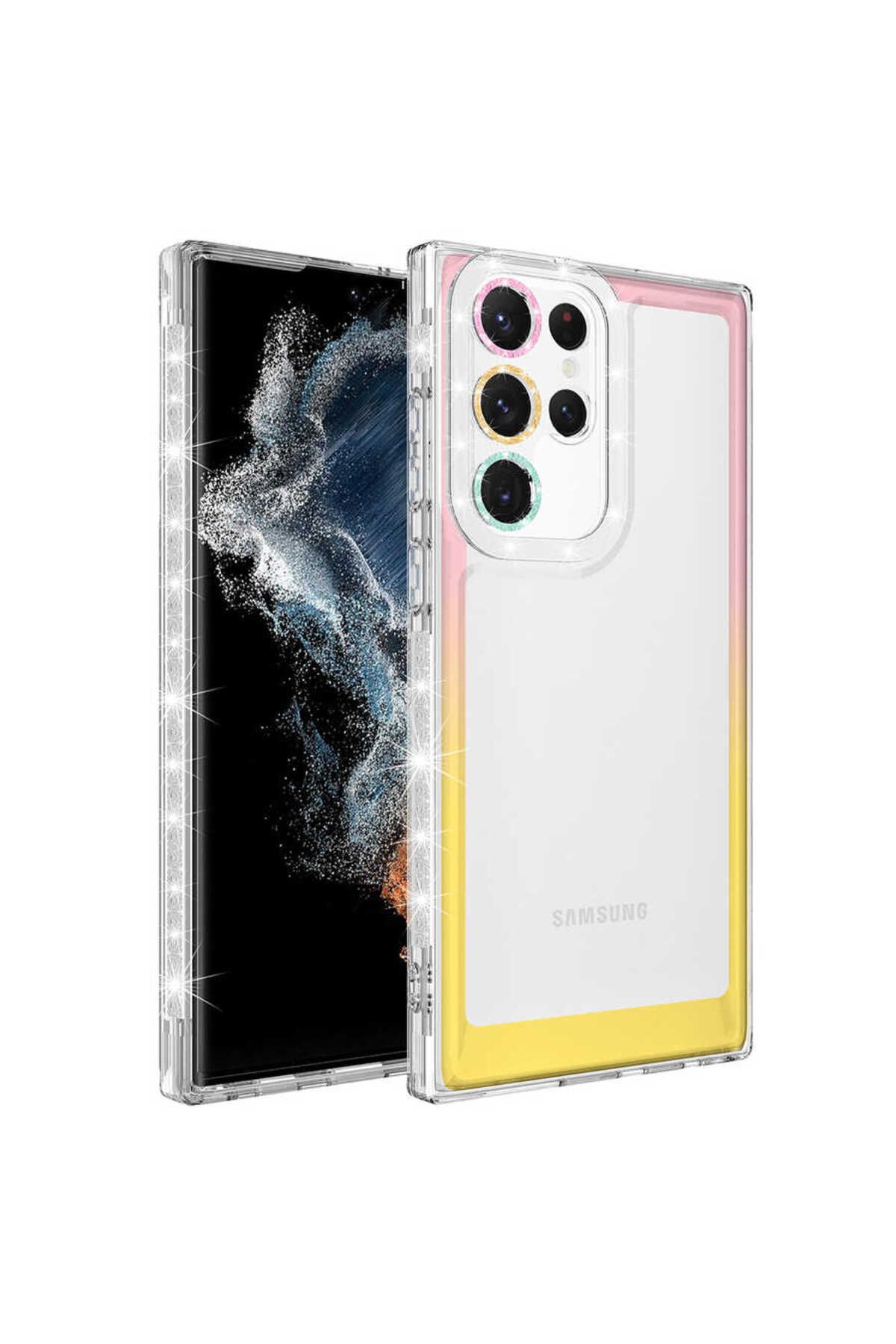 Galaxy S22 Ultra Uyumlu Simli ve Renk Geçiş Tasarımlı LZore Korumalı Zore Park Kılıf-Pembe-Sa