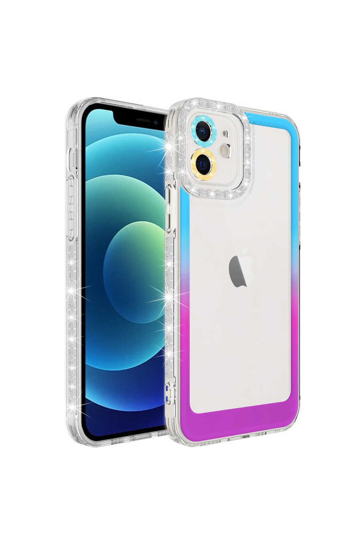 iPhone 11 Uyumlu Simli ve Renk Geçiş Tasarımlı LZore Korumalı Zore Park Kılıf-Mavi-Mor