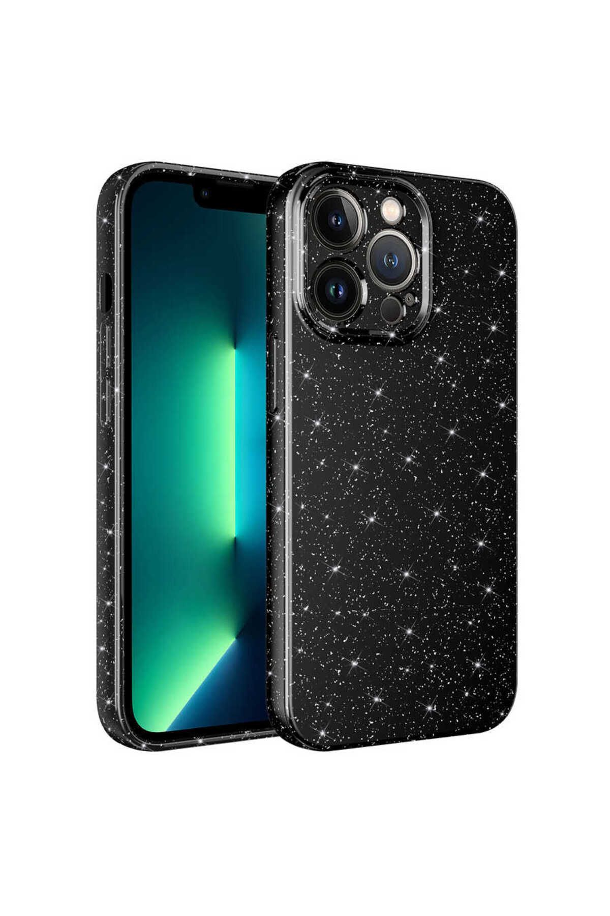iPhone 12 Pro Max Uyumlu Kamera Korumalı Simli Lüks Zore Koton Kılıf-Siyah