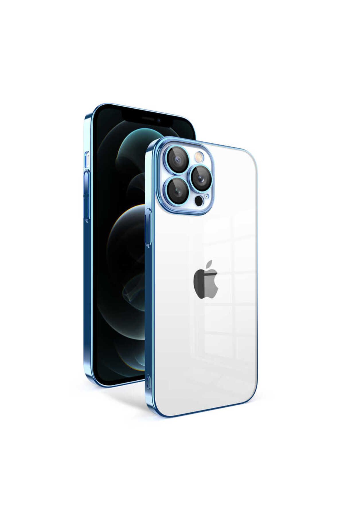 iPhone 12 Pro Max Uyumlu Kamera Korumalı Renkli Çerçeveli Zore Garaj Kılıf-Mavi Açık