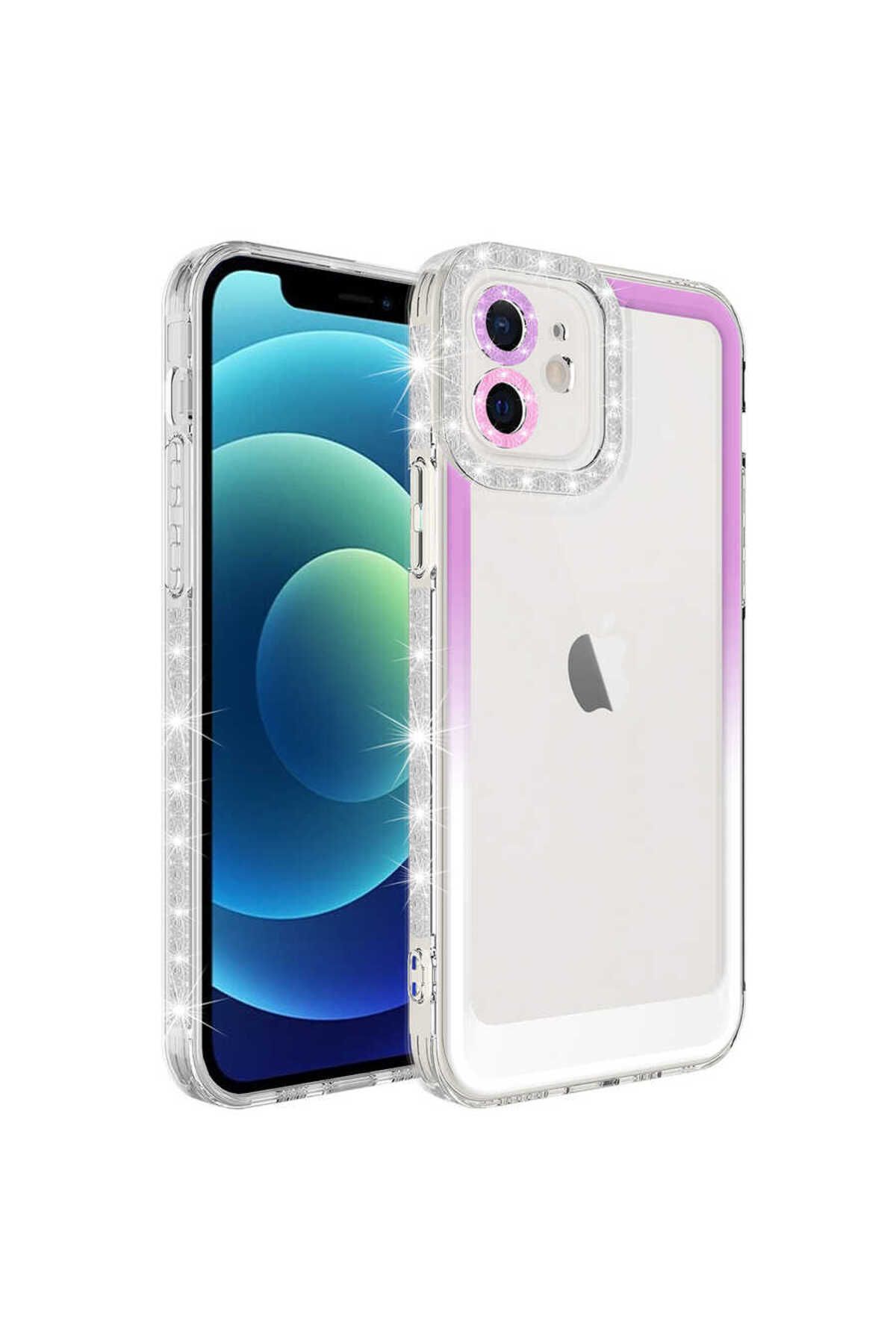 iPhone 11 Uyumlu Simli ve Renk Geçiş Tasarımlı LZore Korumalı Zore Park Kılıf-Mor-Beyaz