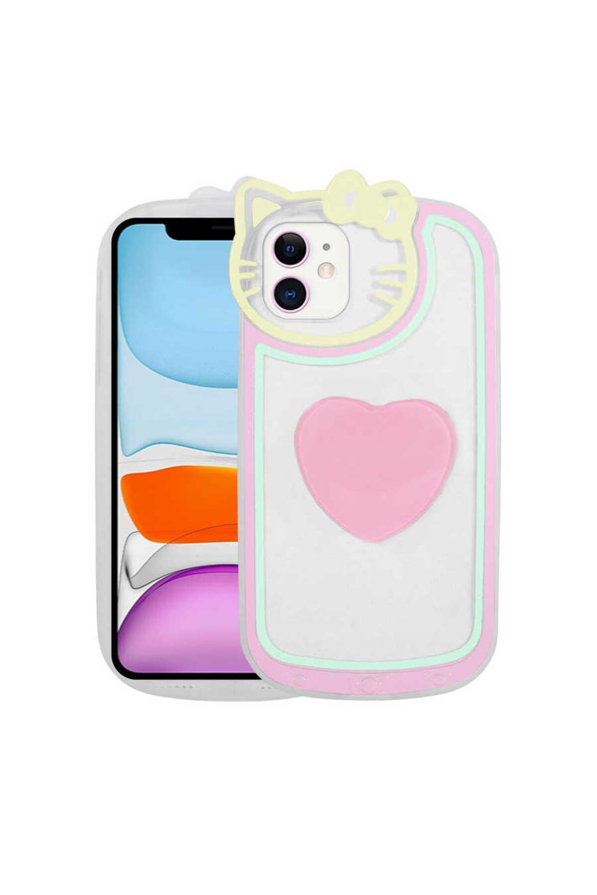 iPhone 11 Uyumlu Kedi Figürlü Transparan Pop Soketli Zore Ritmik Kılıf-Pembe