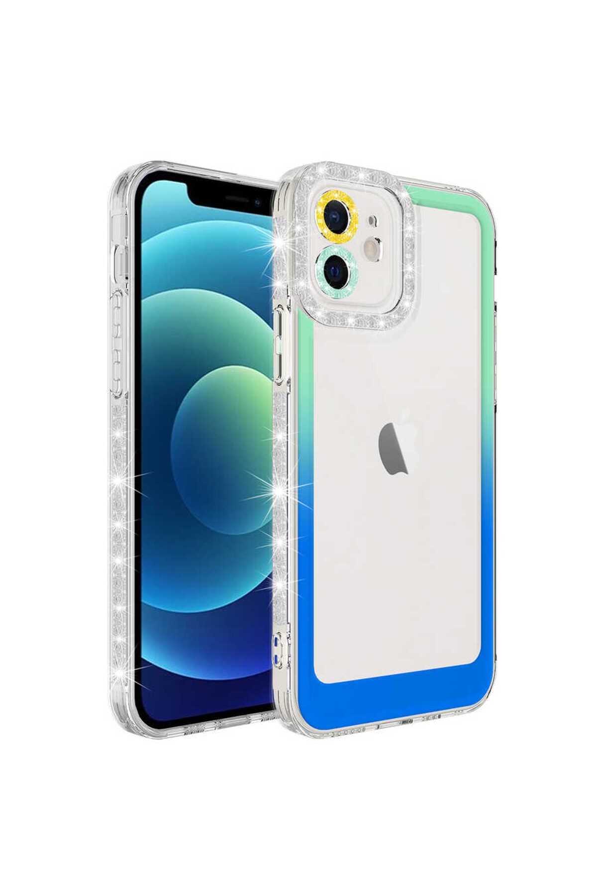 iPhone 11 Uyumlu Simli ve Renk Geçiş Tasarımlı LZore Korumalı Zore Park Kılıf-Yeşil-Mavi