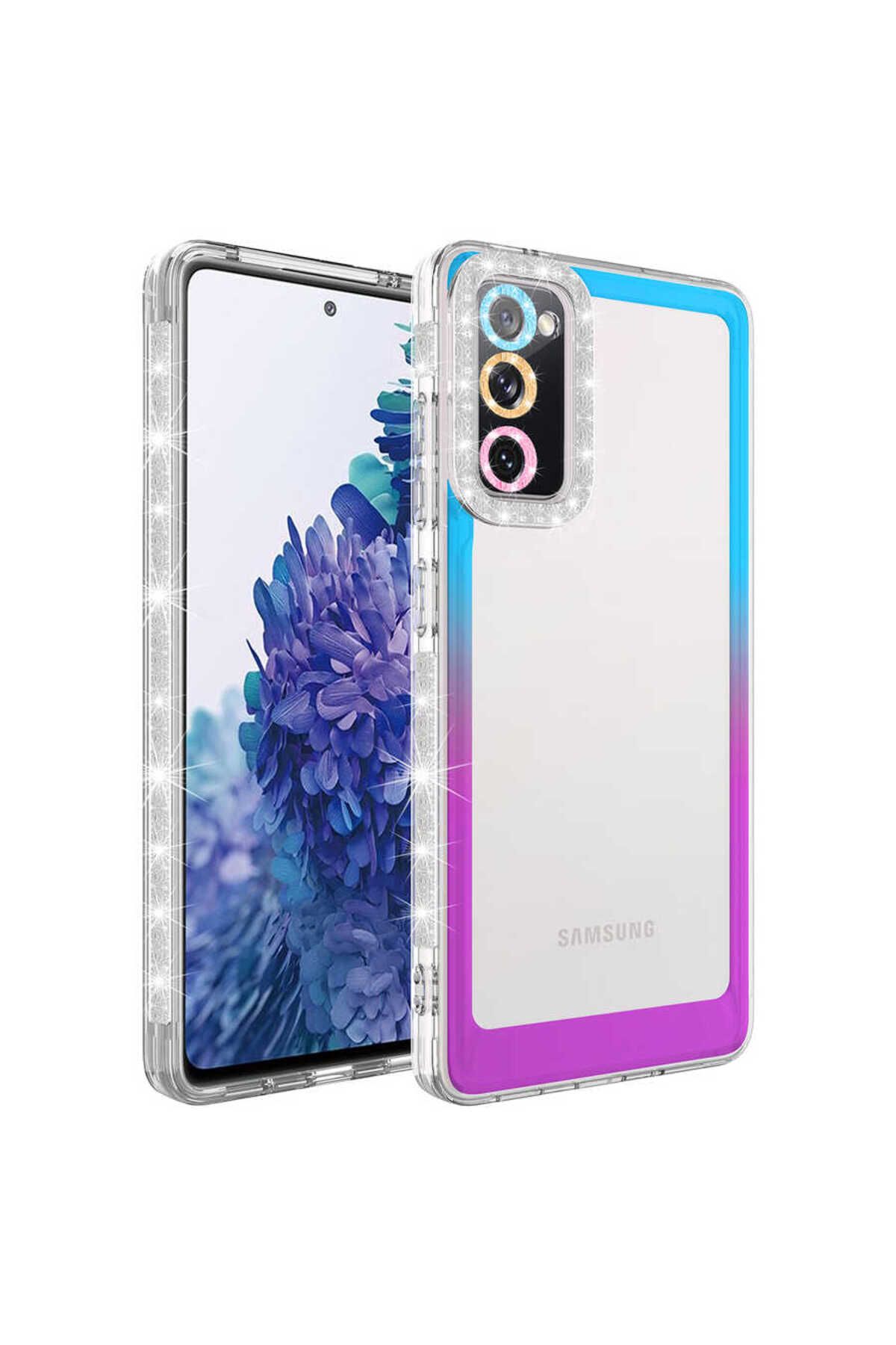 Galaxy S20 FE Uyumlu Simli ve Renk Geçiş Tasarımlı LZore Korumalı Zore Park Kılıf-Mavi-Mor