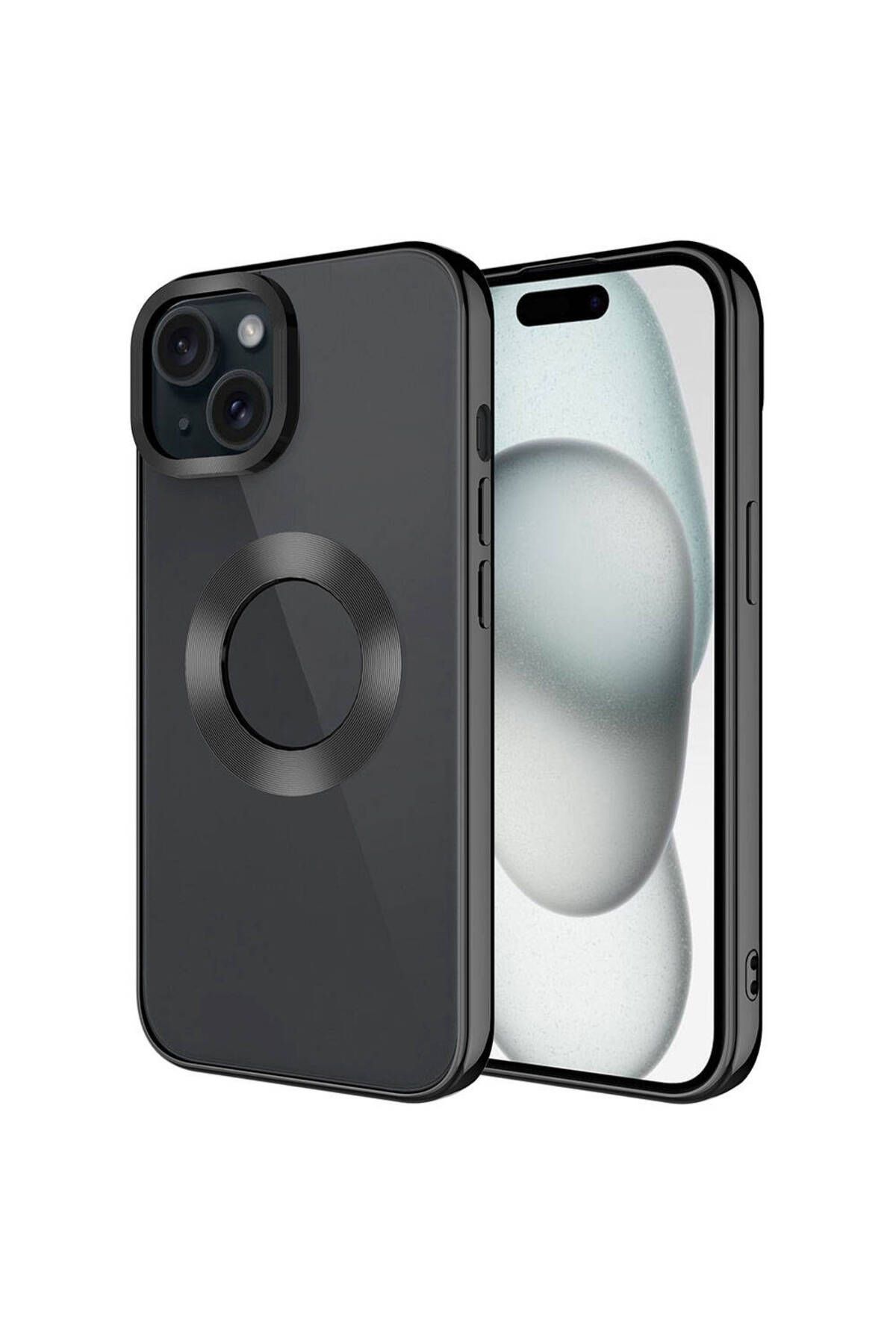 iPhone 15 Uyumlu Tek Kamera Çerçeveli Logo Gösteren Zore Omega Kılıf-Siyah