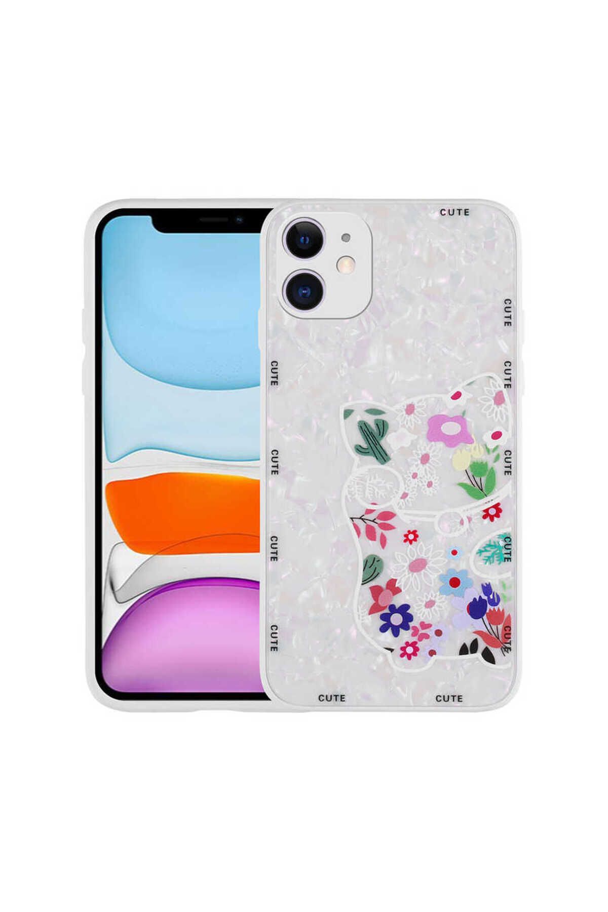 iPhone 11 Uyumlu Desenli Sert Silikon Zore Mumila Kılıf-White Cat
