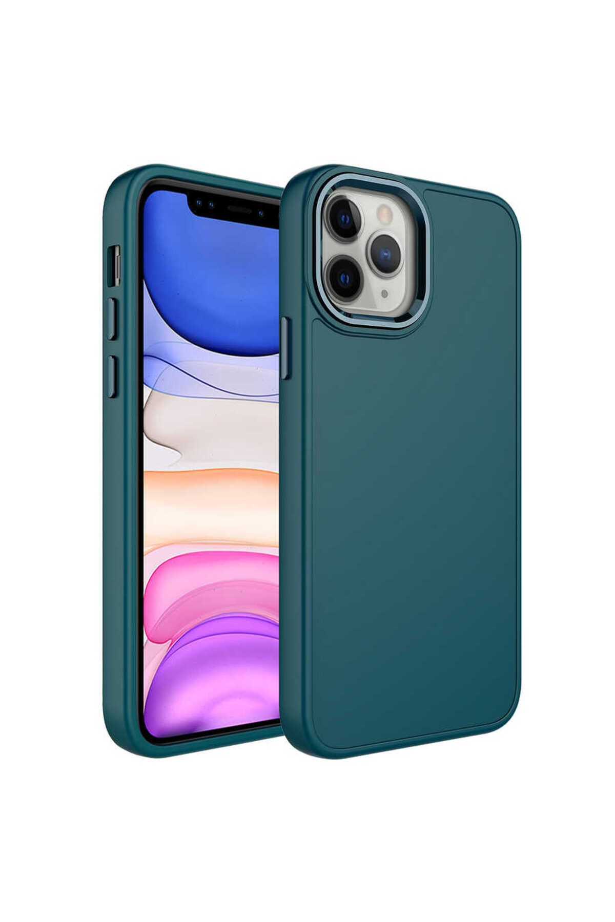 iPhone 12 Pro Max Uyumlu Metal Çerçeve ve Buton Tasarımlı Silikon Zore Luna Kılıf-Koyu Yeşil