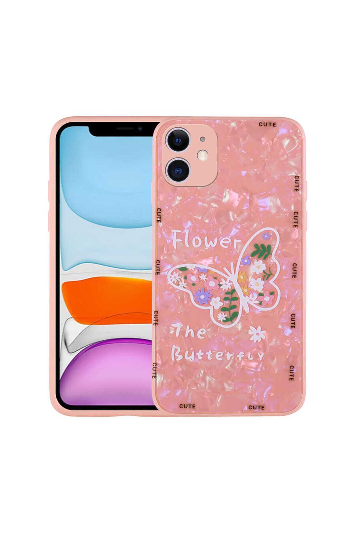 iPhone 11 Uyumlu Desenli Sert Silikon Zore Mumila Kılıf-Pink Flower