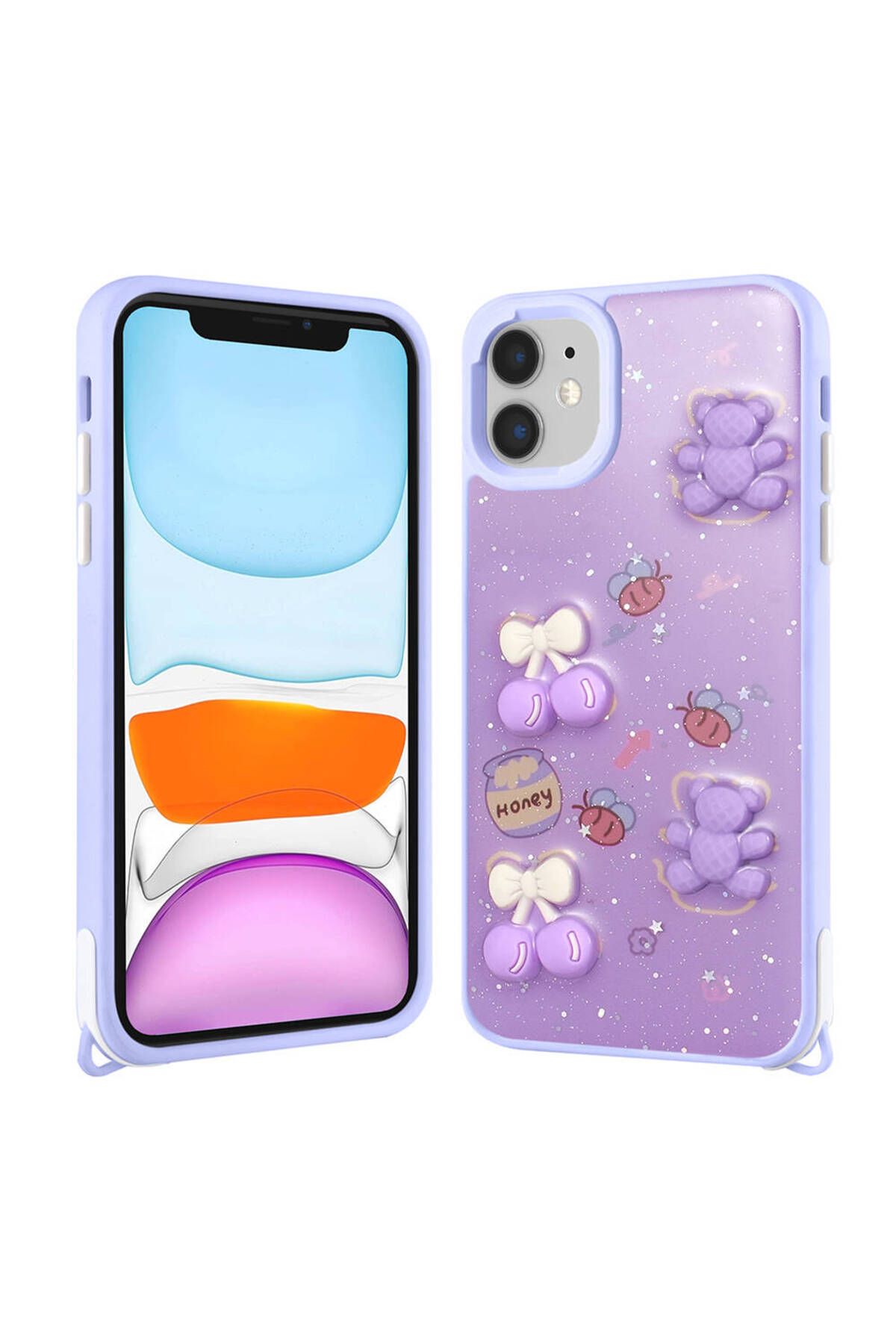iPhone 11 Kılıf Parlayan Sıvılı Simli Kabartma Figürlü Zore Cevze Kapak-Mor Ayı