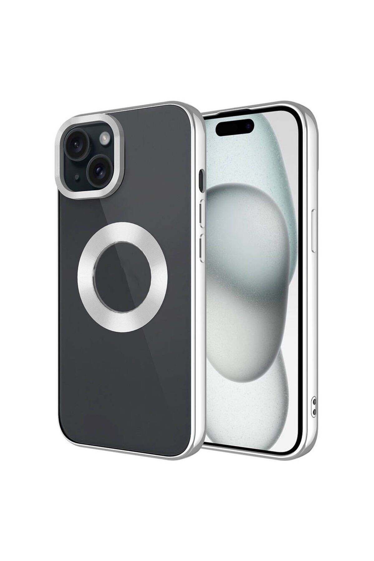 iPhone 15 Uyumlu Tek Kamera Çerçeveli Logo Gösteren Zore Omega Kılıf-Gümüş